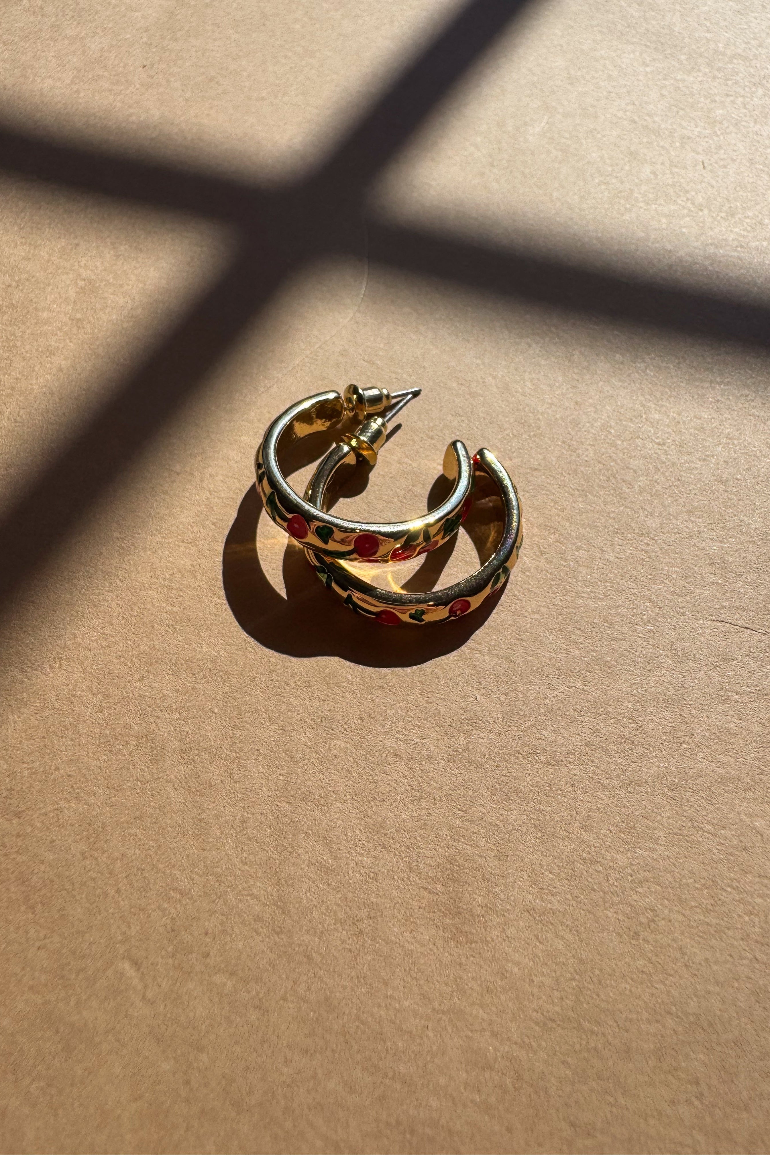 Dana Gold Cherry Hoop Earrings - flat lay front view