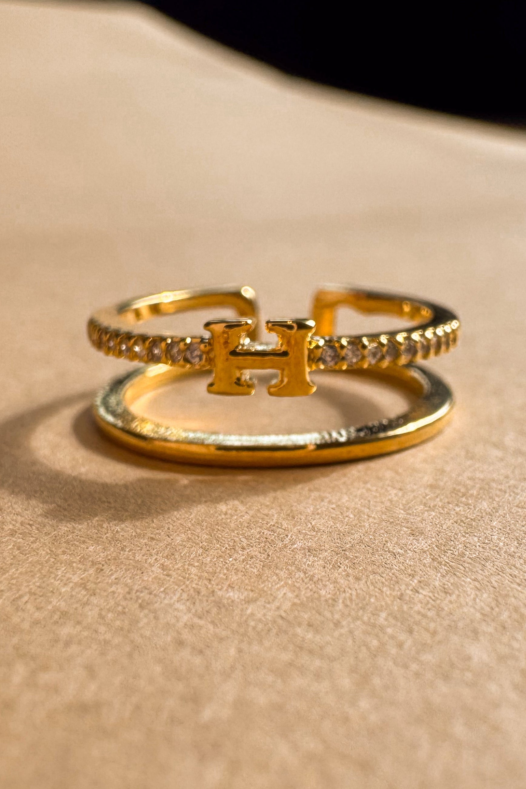 Lucia Gold & Rhinestone H Double Ring- close up view