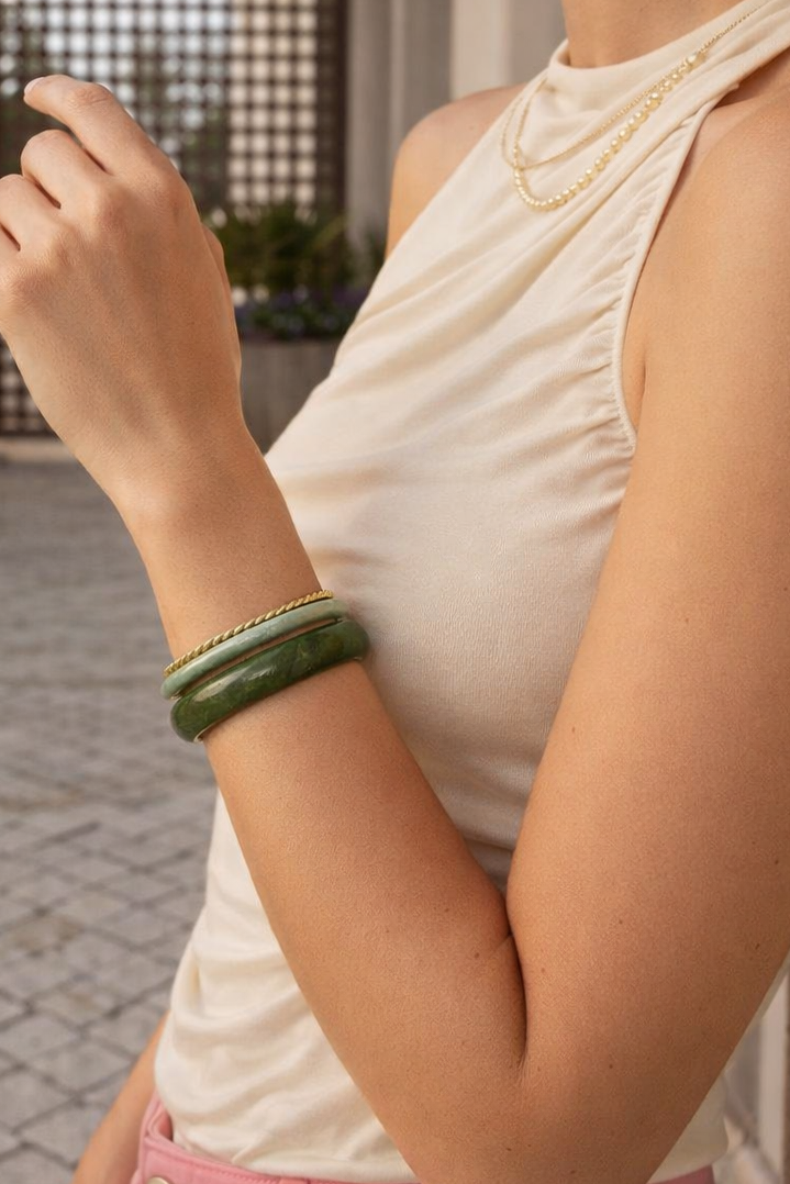 Green Multi Bangle Set | Dahlia Gold & Green Stackable Bangles