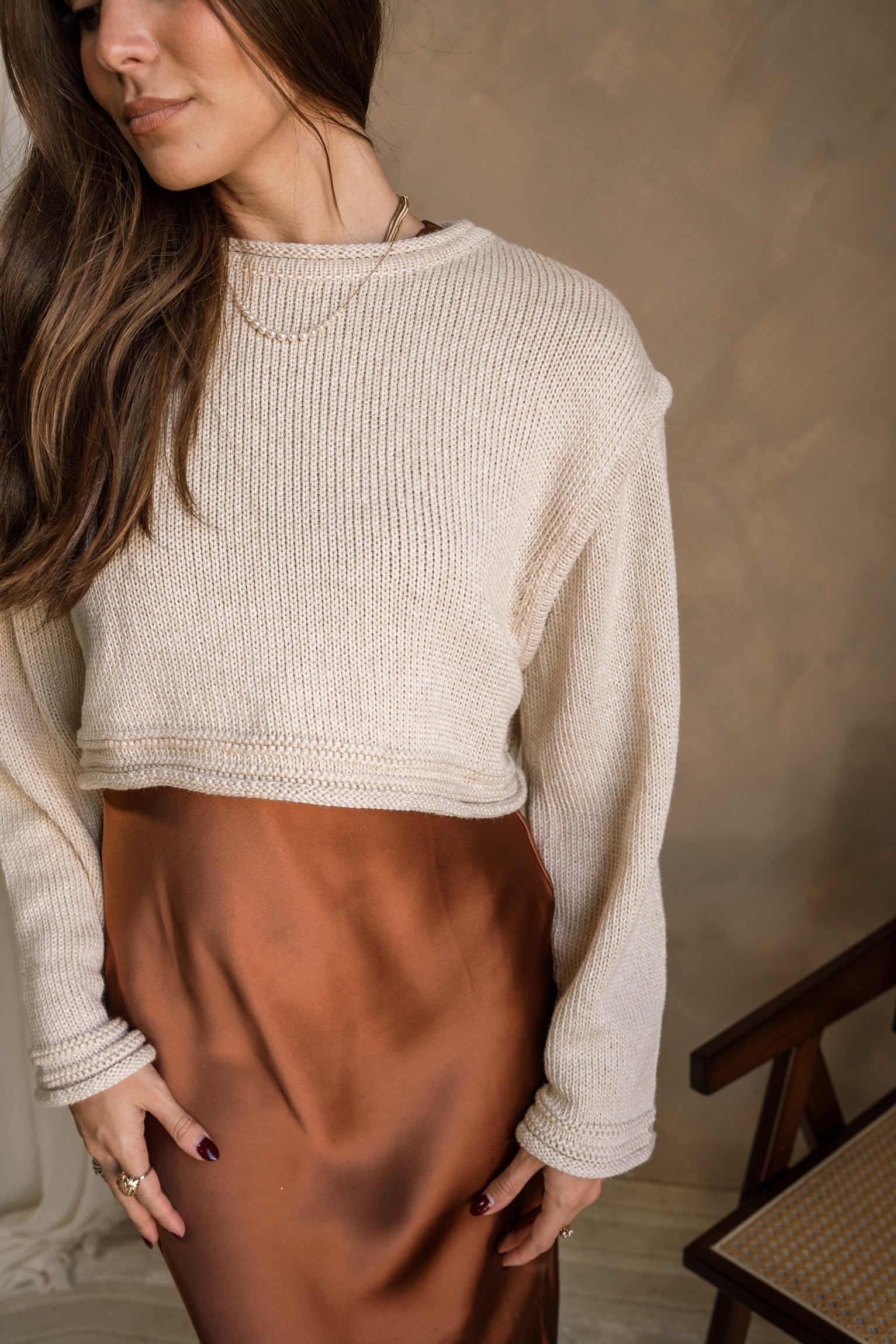 Sophia Taupe Cropped Long Sleeve Sweater- close up front view