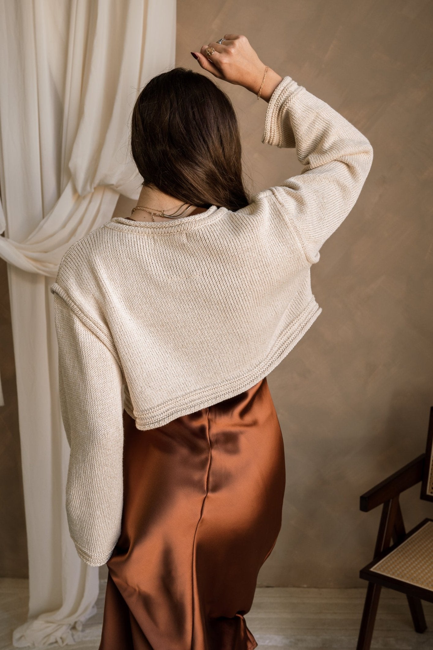 Sophia Taupe Cropped Long Sleeve Sweater- back view