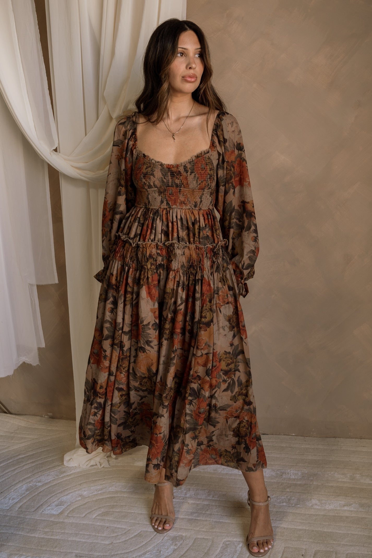 Elodie Taupe Floral Maxi Dress - full body front view