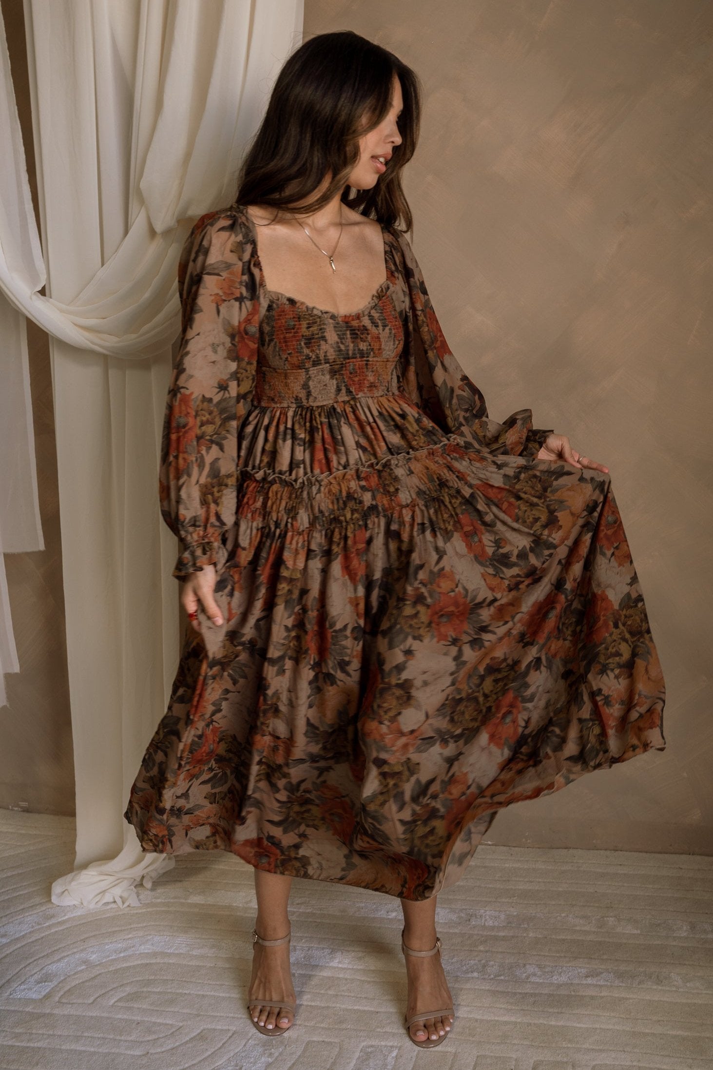 Elodie Taupe Floral Maxi Dress - full body front view 