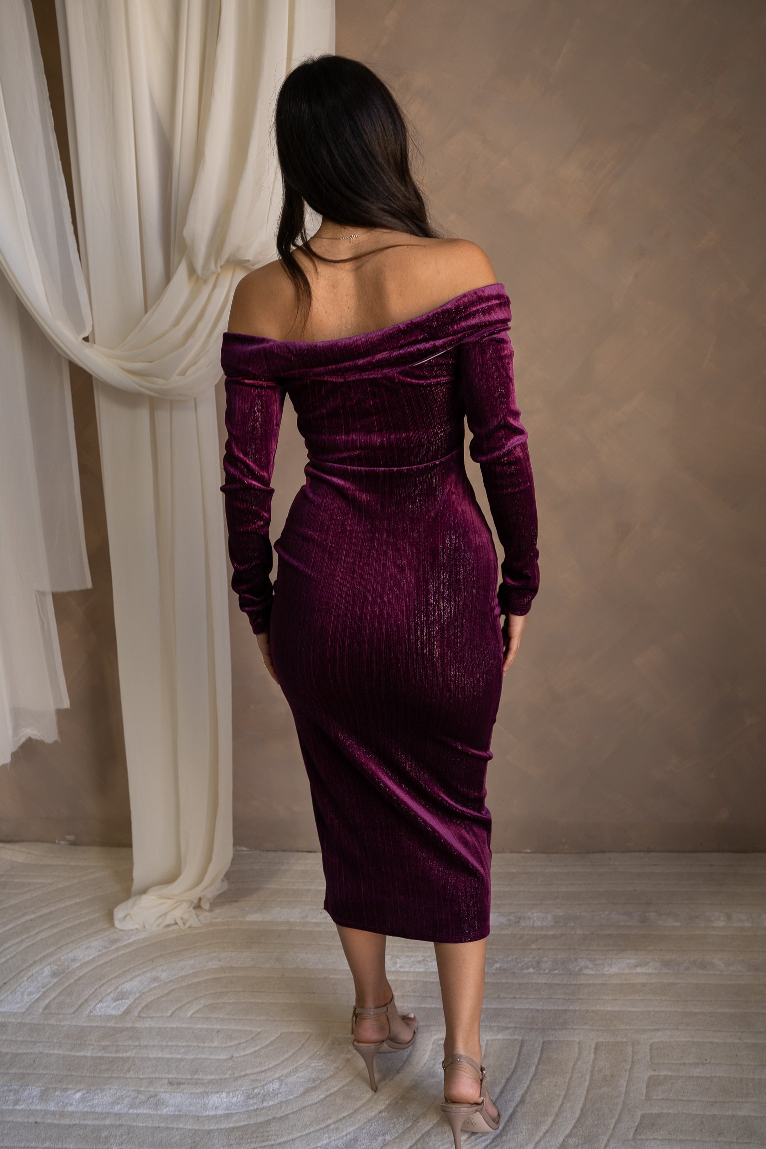 Arianna Plum Velvet Midi Dress- full body back view