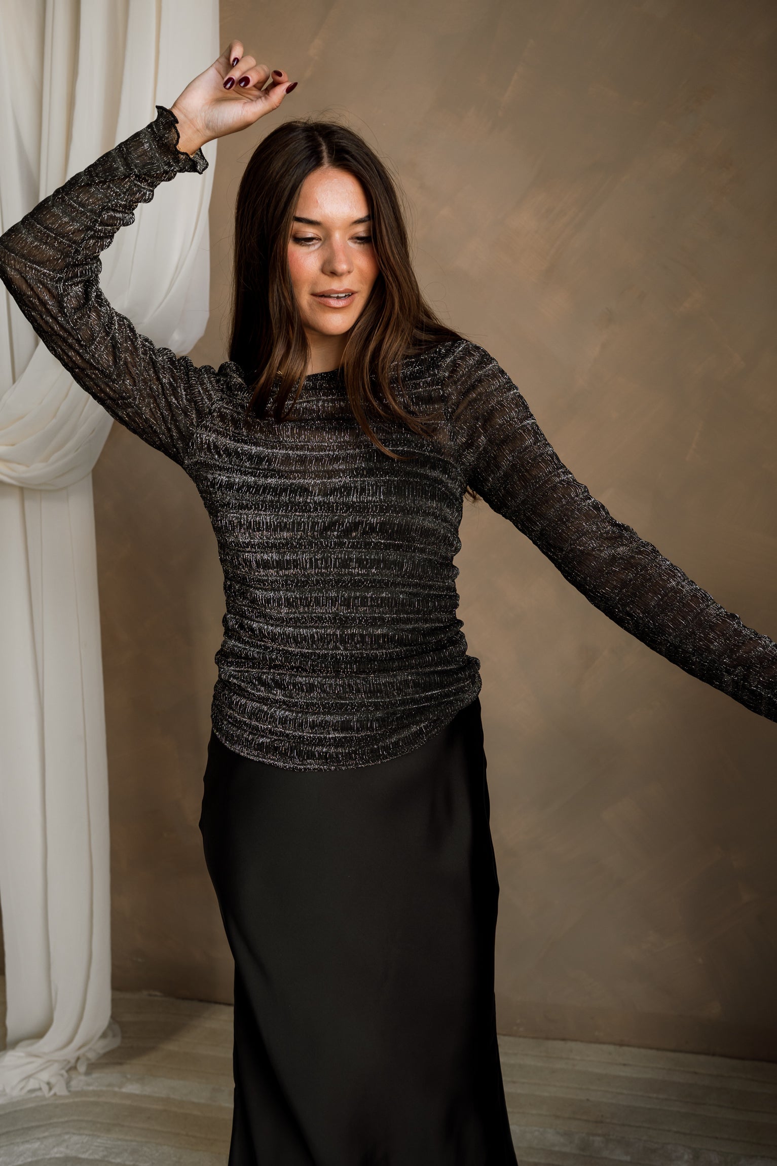 Thea Black & Silver Long Sleeve Top - front view