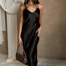 Ciera Black Satin Midi Dress  - Full body front view