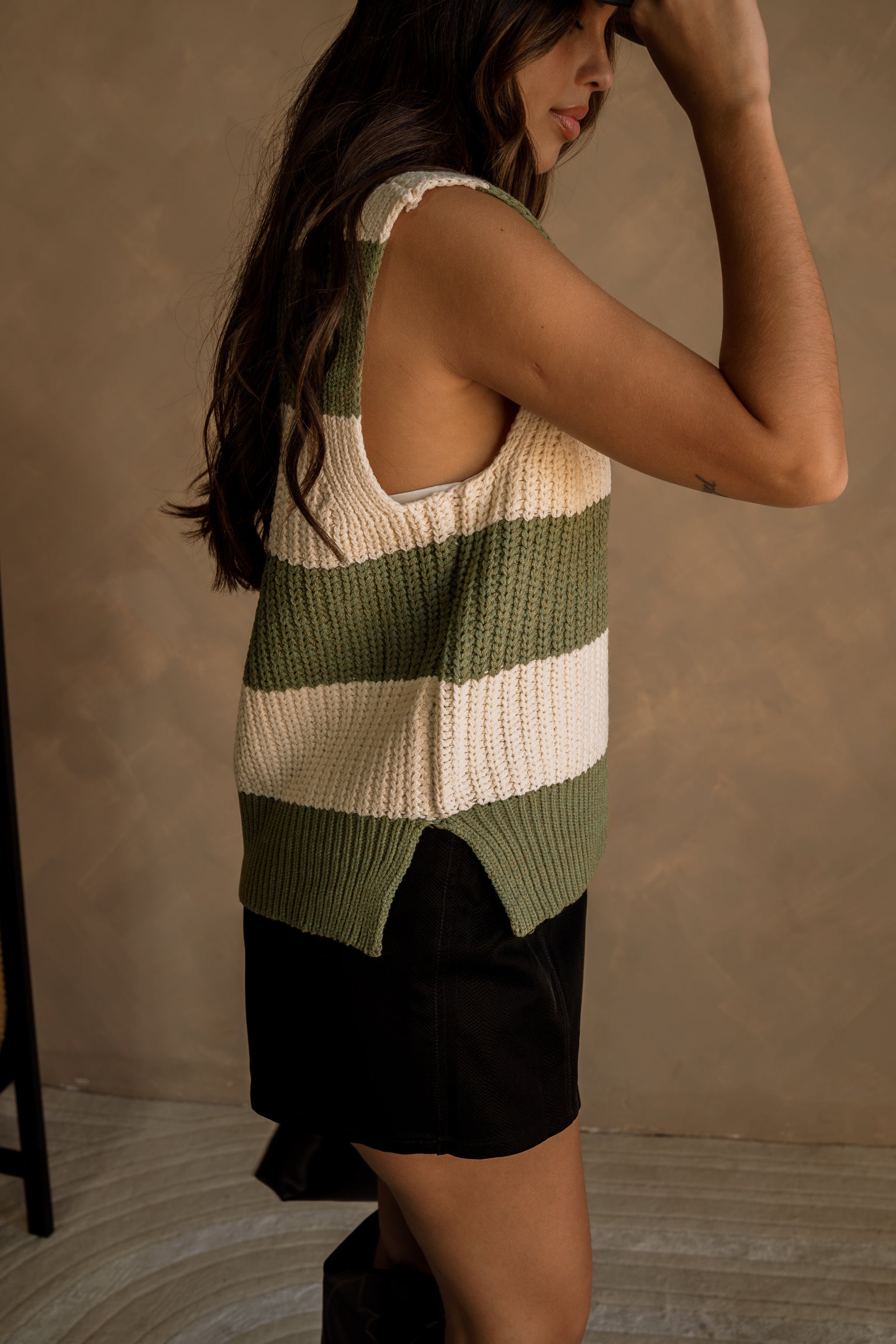 Macie Green & White Striped Sweater Vest - side view