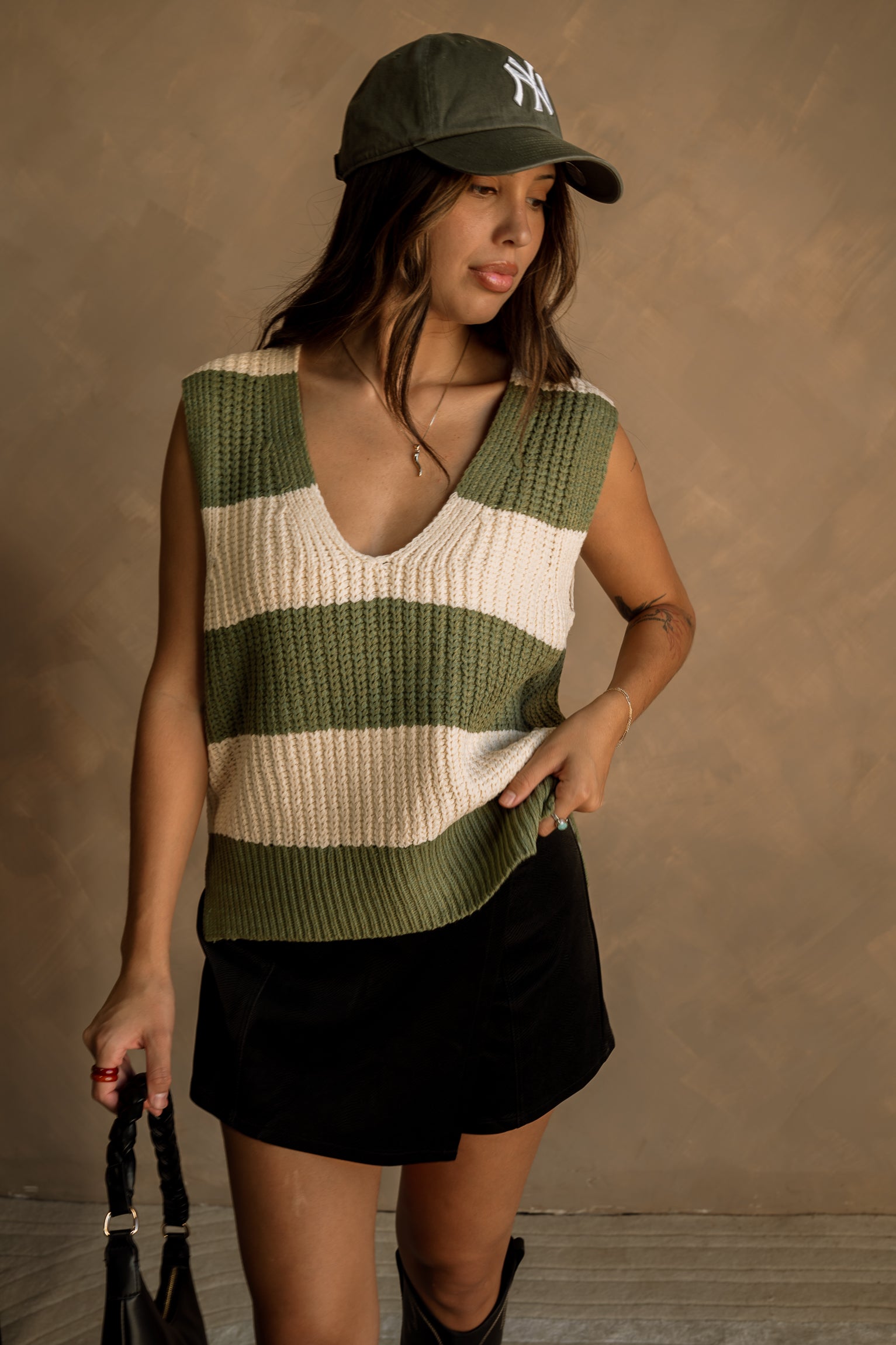 Macie Green & White Striped Sweater Vest -  front view