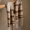 Jordan Beige & Brown Plaid Fringe Scarf - draped over model's arm