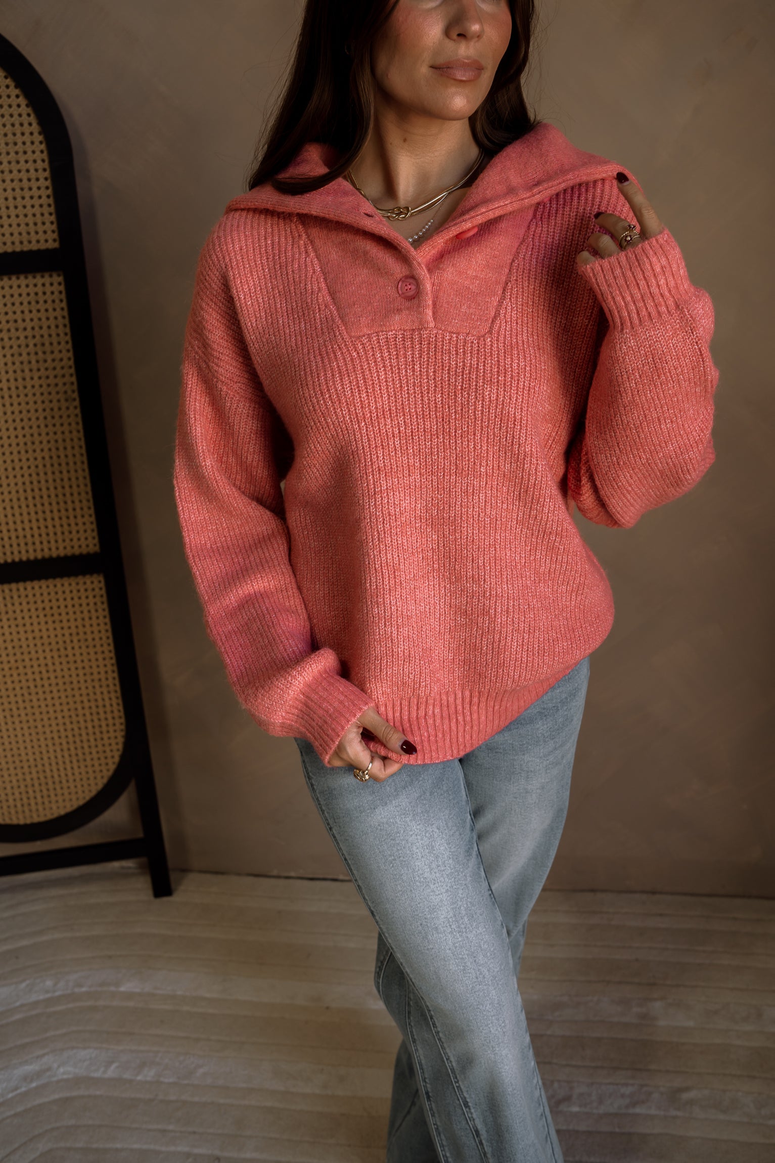 Marlo Coral Pink Knit Quarter Button-Up Sweater- close up front view