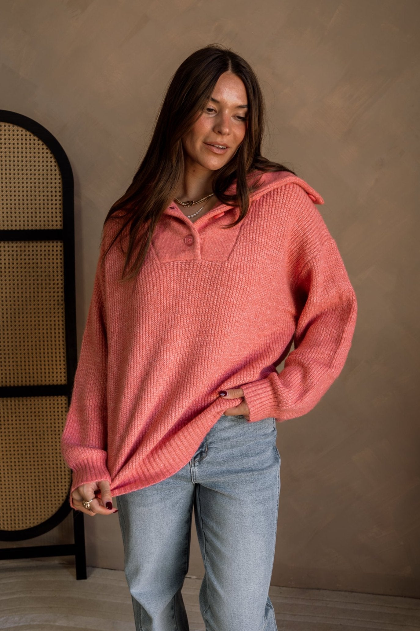 Marlo Coral Pink Knit Quarter Button-Up Sweater- front view