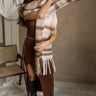 Jordan Beige & Brown Plaid Fringe Scarf - wrapped around model's shoulders