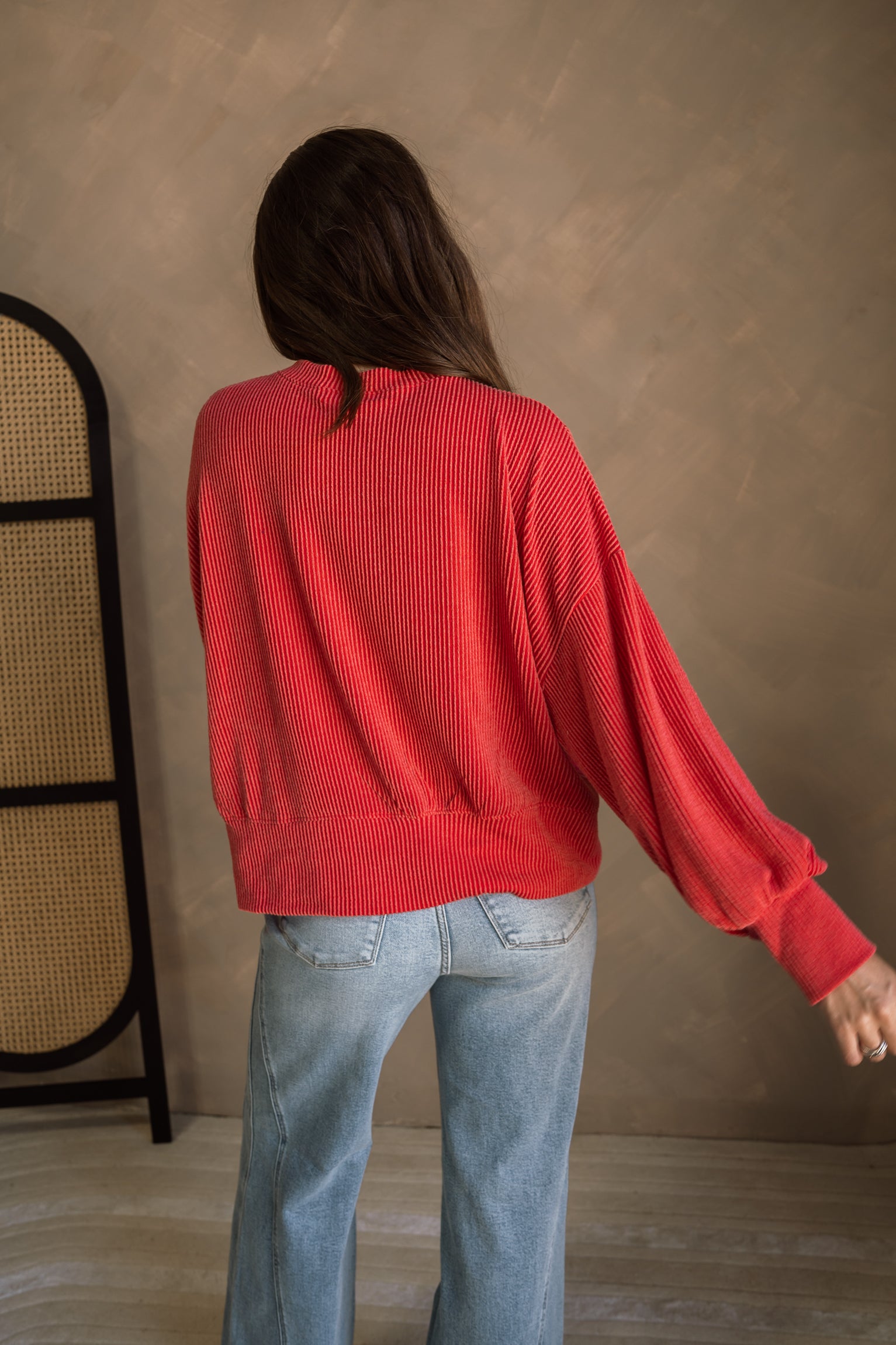 Bella Ribbed Long Sleeve Top- red- back view