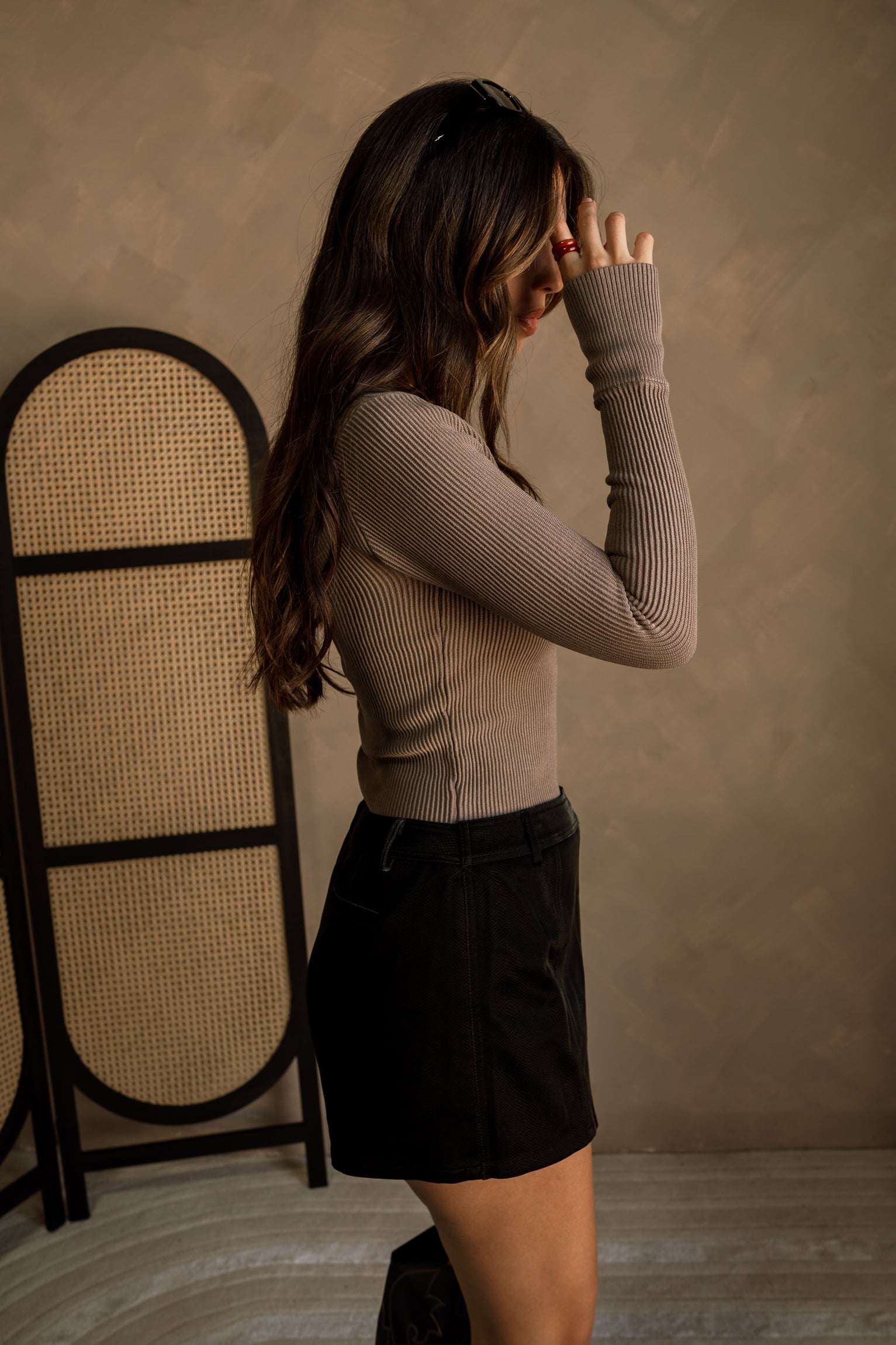 Nila Mocha Ribbed Long Sleeve Top- side view