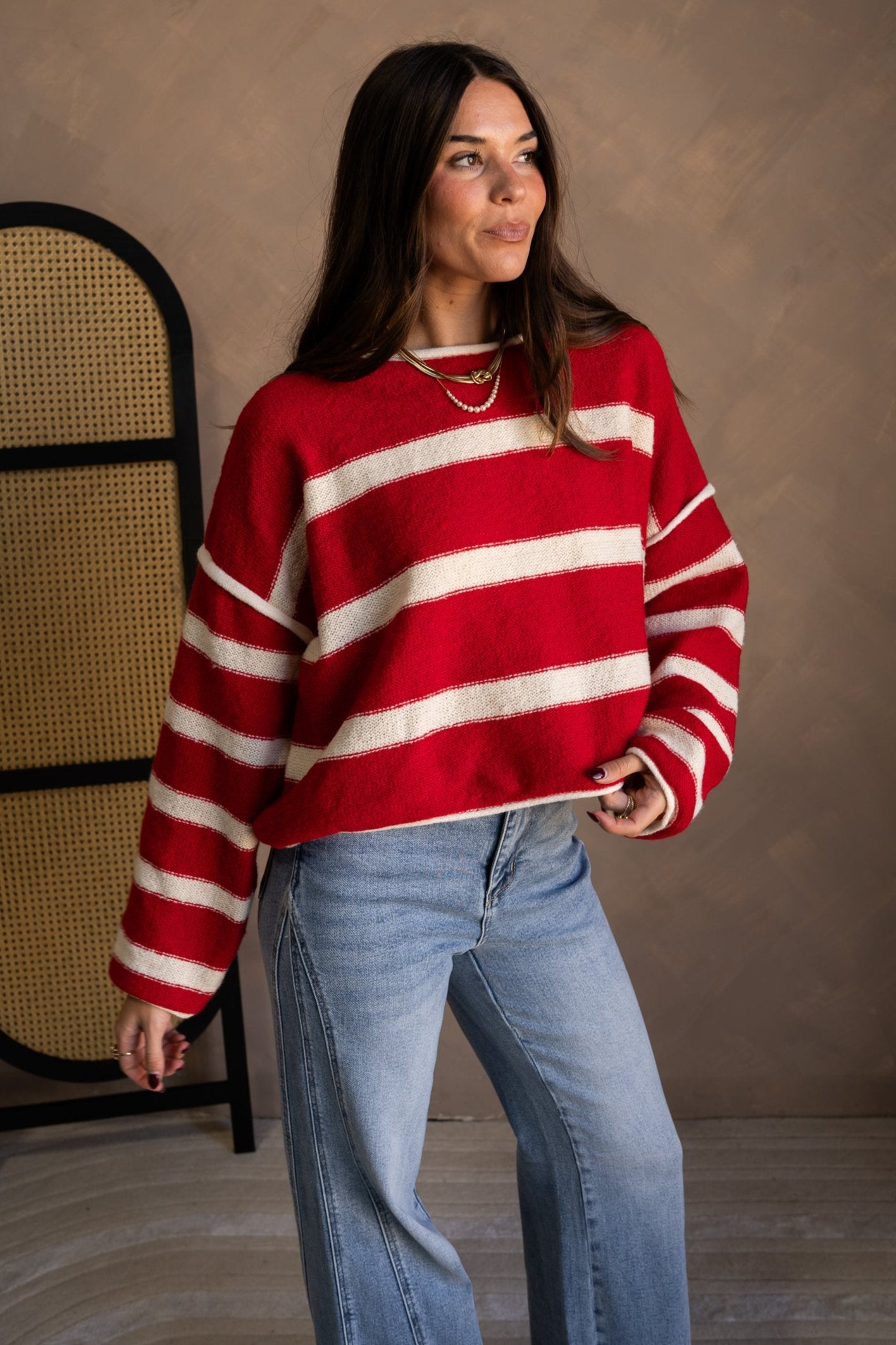 Annalie Red & Cream Stripe Sweater- frontal side view