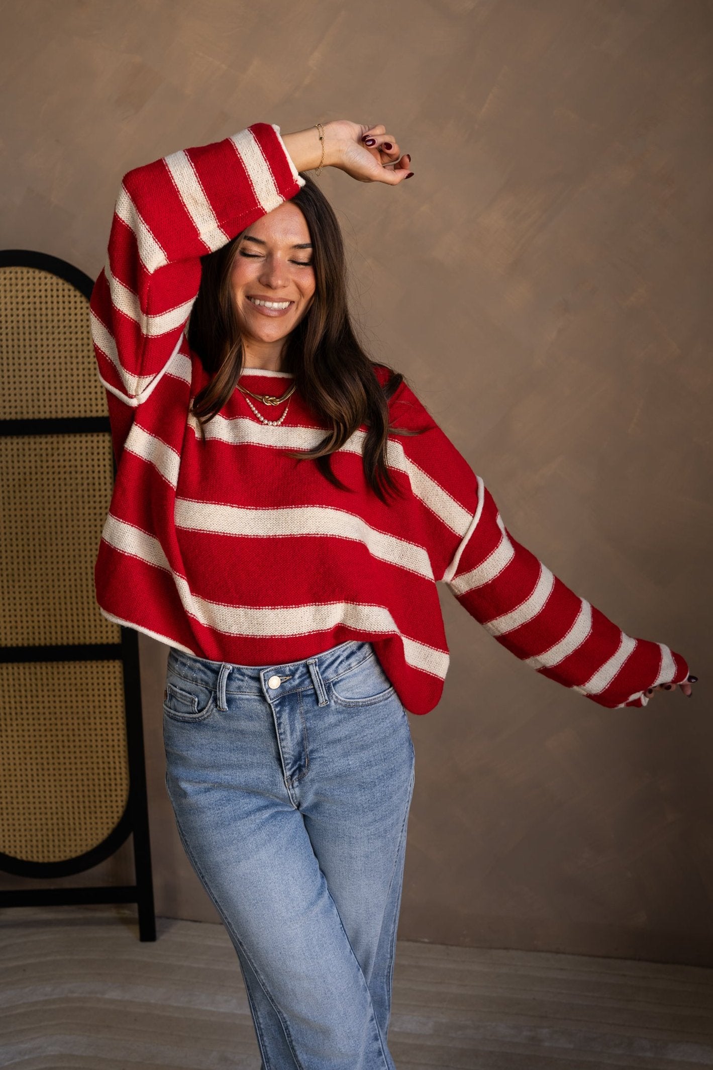 Annalie Red & Cream Stripe Sweater- front view