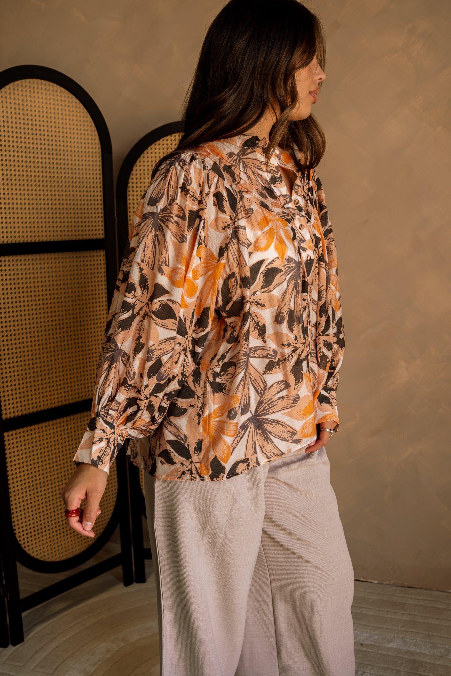 Maree Peach Multi Floral Long Sleeve Top- side view