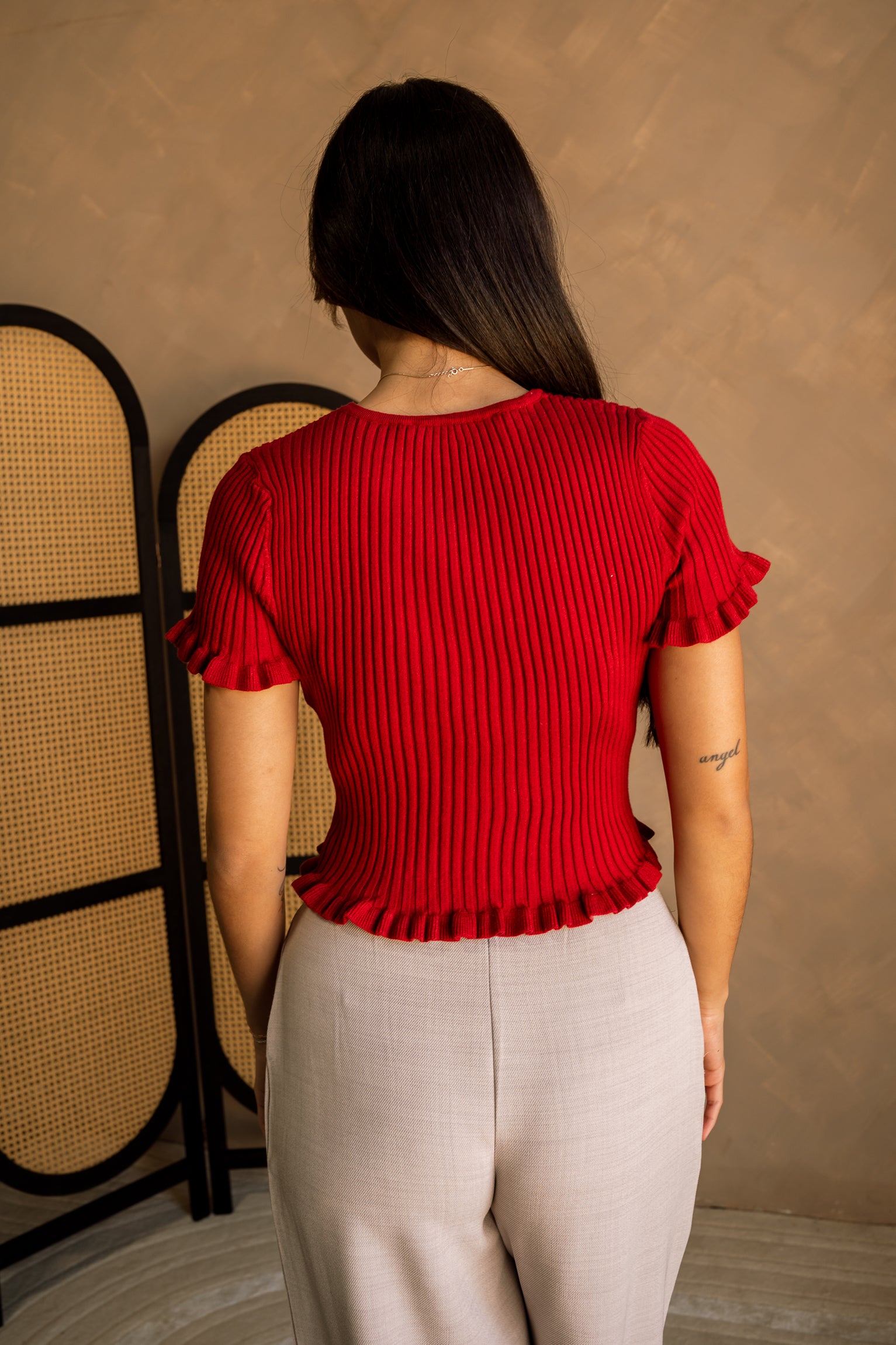 Vanita Deep Red Ribbed Ruffle Top- back view