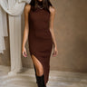 Mallorie Ribbed Mock Neck Midi Dress - Brown - Full body front view