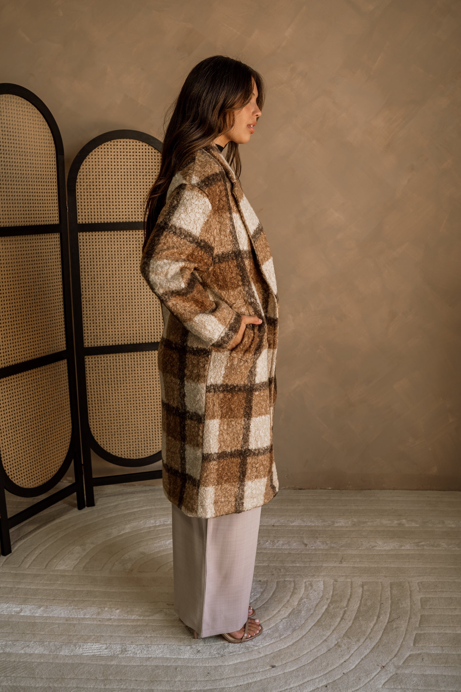 Holly Brown & Tan Plaid Coat - full body side view