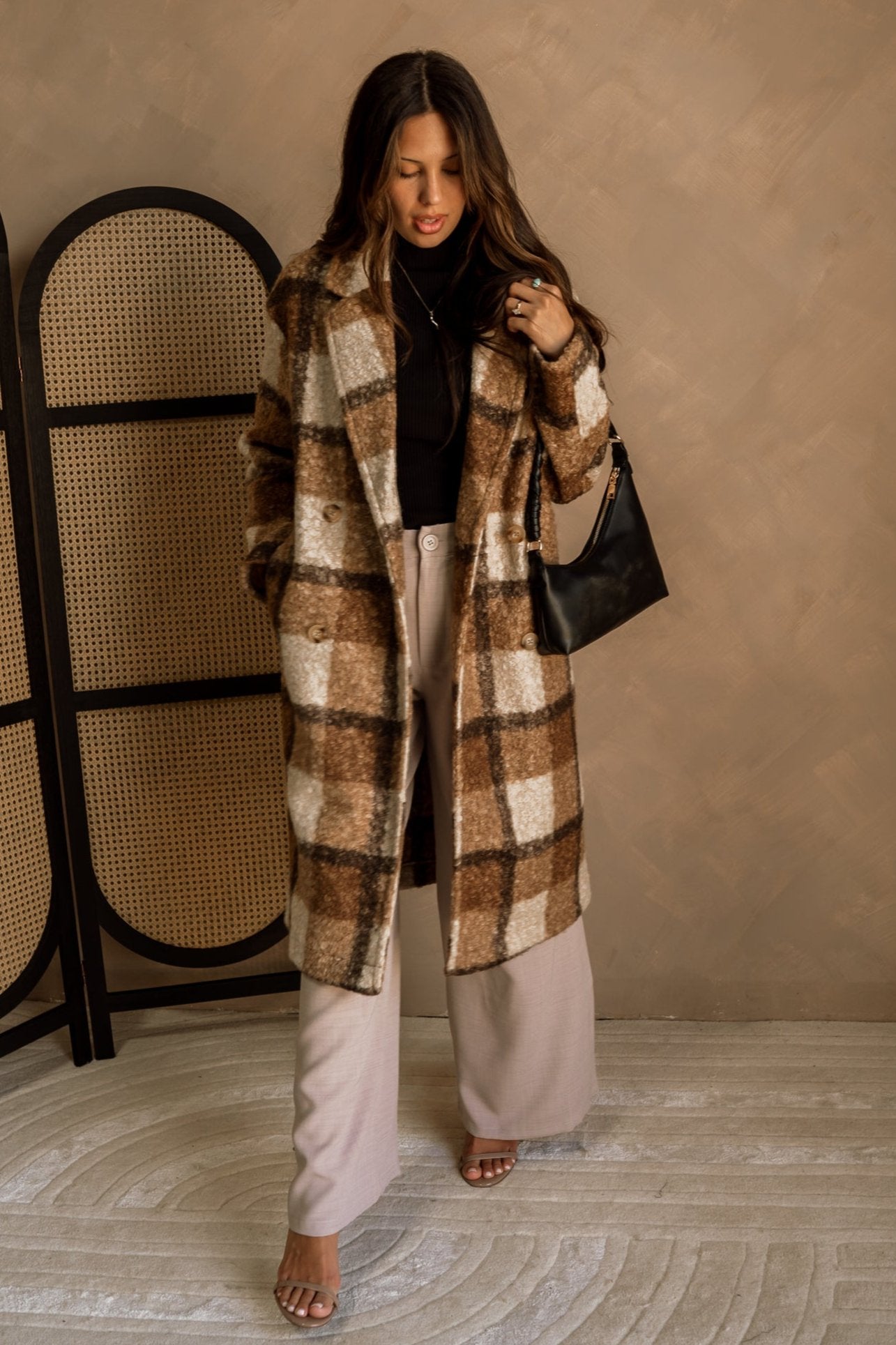 Holly Brown & Tan Plaid Coat - full body front view