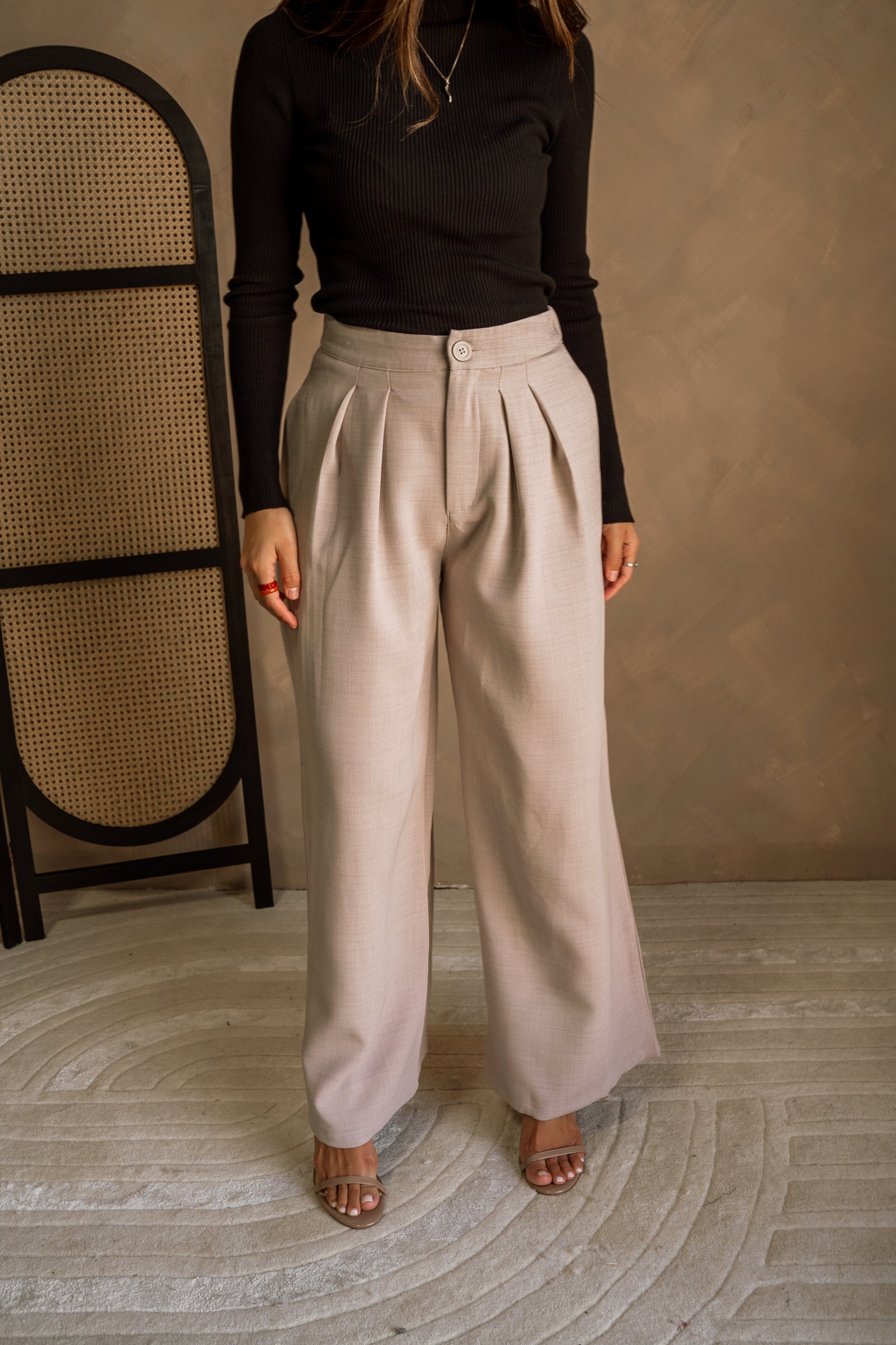 Iva Beige Linen Wide Leg Pants- front view