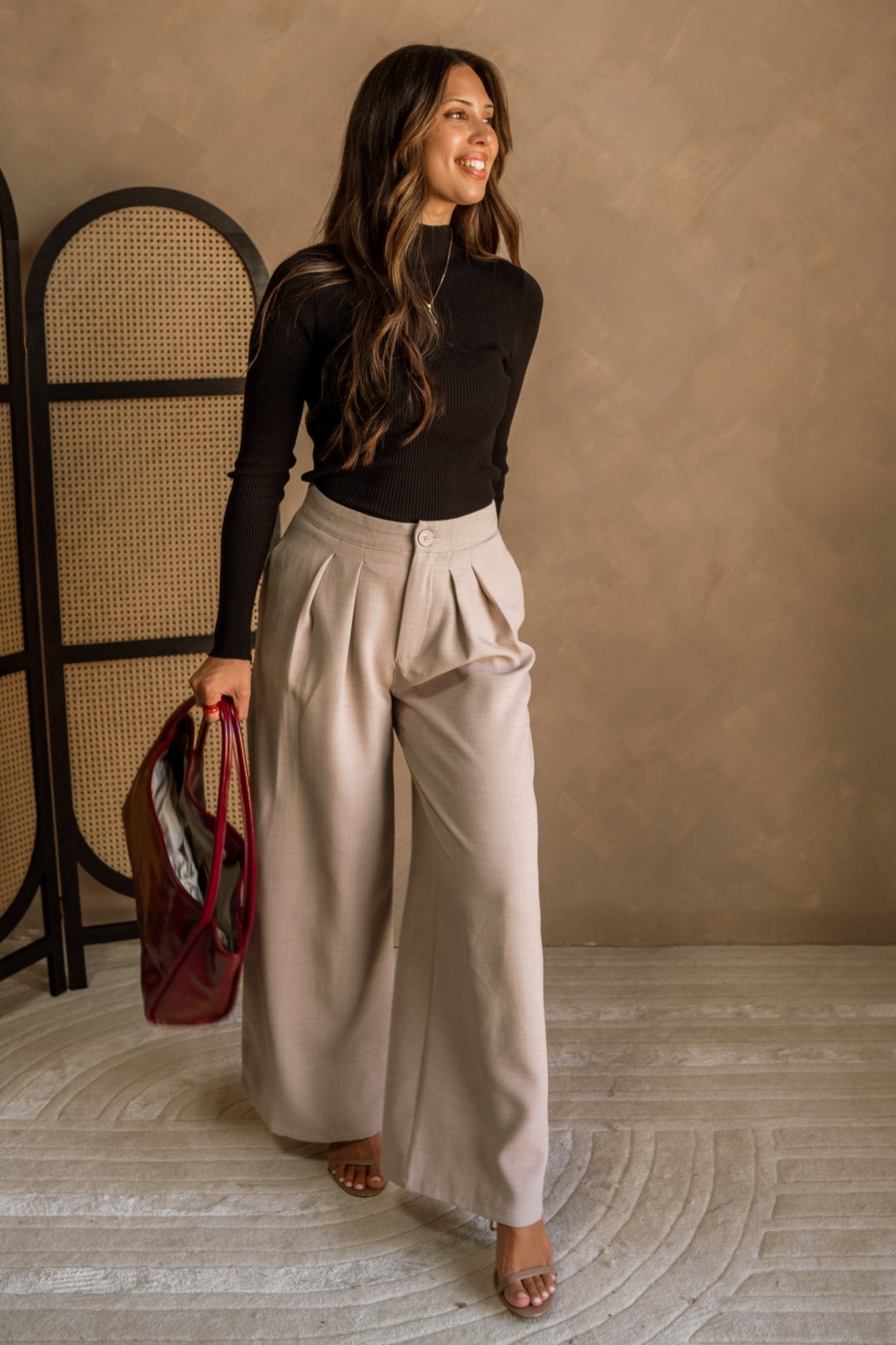 Iva Beige Linen Wide Leg Pants- full body view