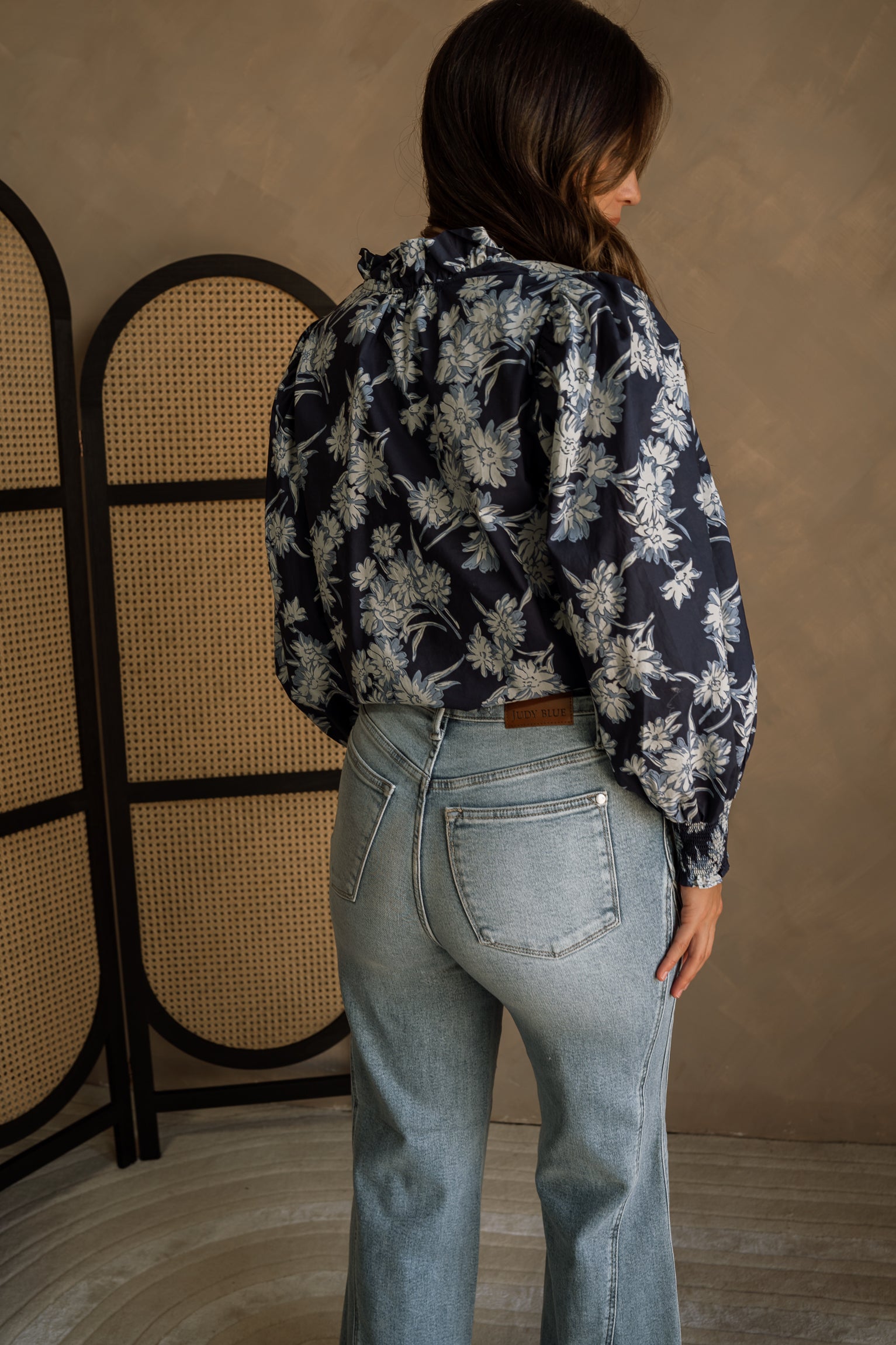 Ema Navy & White Floral Long Sleeve Top - back view