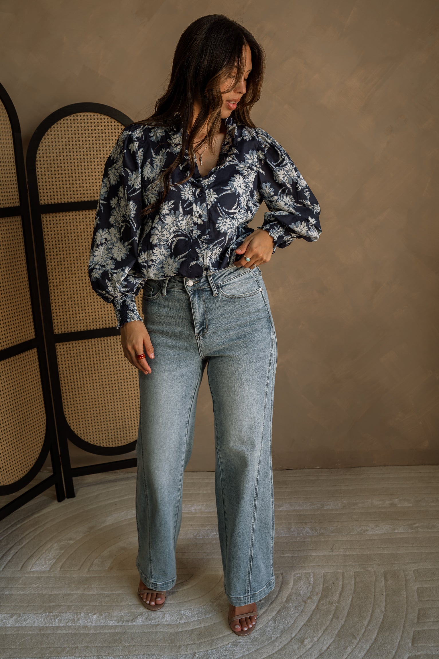 Ema Navy & White Floral Long Sleeve Top - full body view