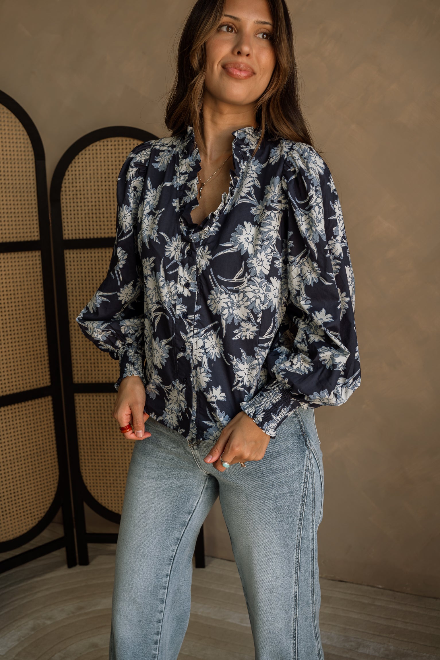 Ema Navy & White Floral Long Sleeve Top - frontal side view