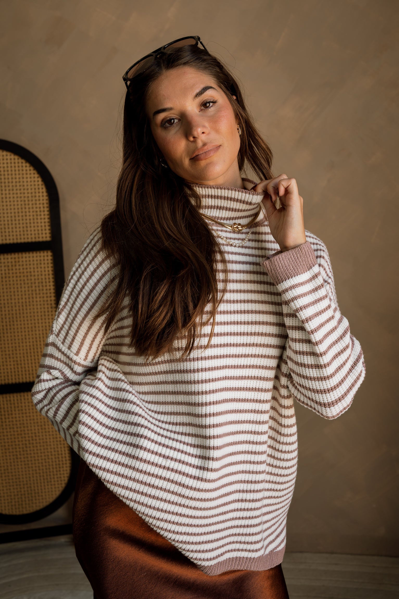 Elyse Mocha & White Stripe Sweater- close up front view