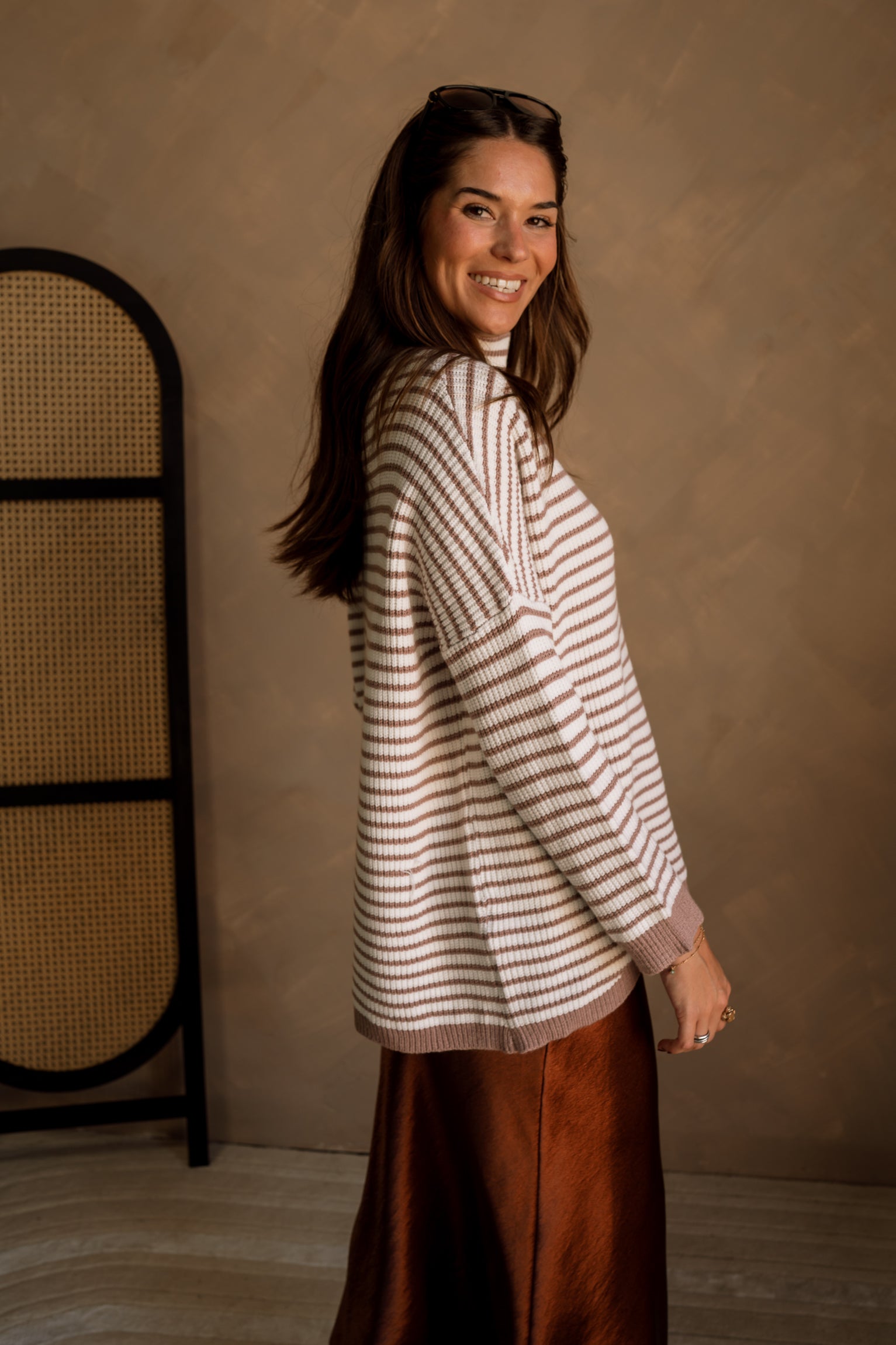 Elyse Mocha & White Stripe Sweater- side view