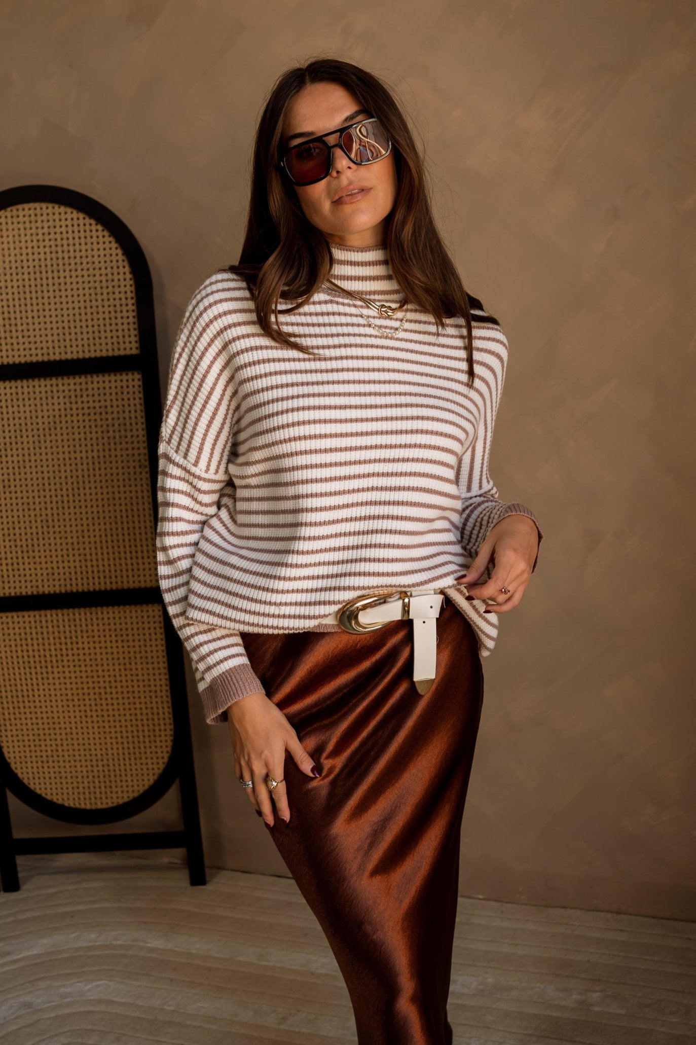 Elyse Mocha & White Stripe Sweater- front top view