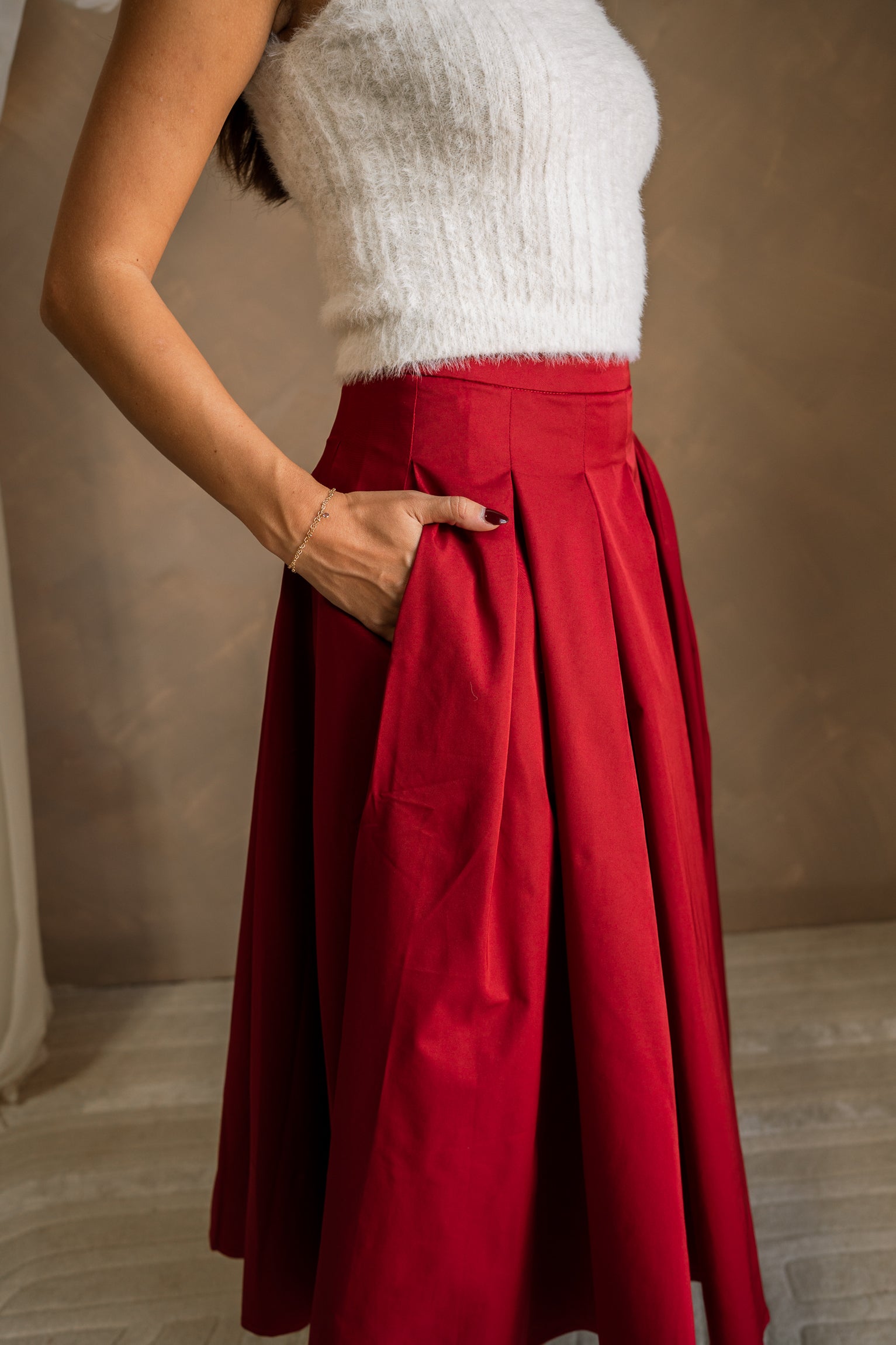 Aurora Crimson Red Midi Skirt- close up side view