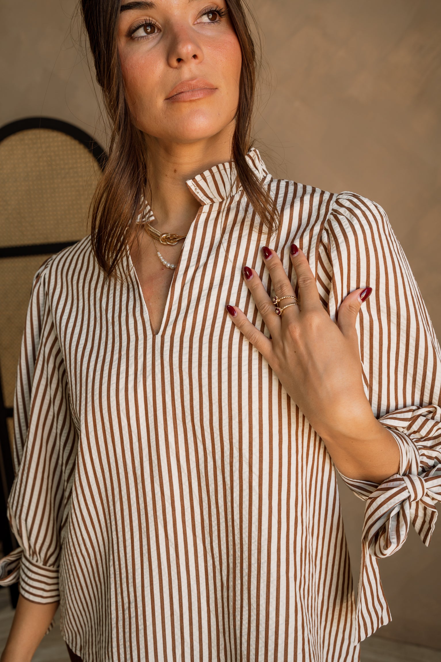 Mara Brown & Cream Stripe Bow Top- close up view