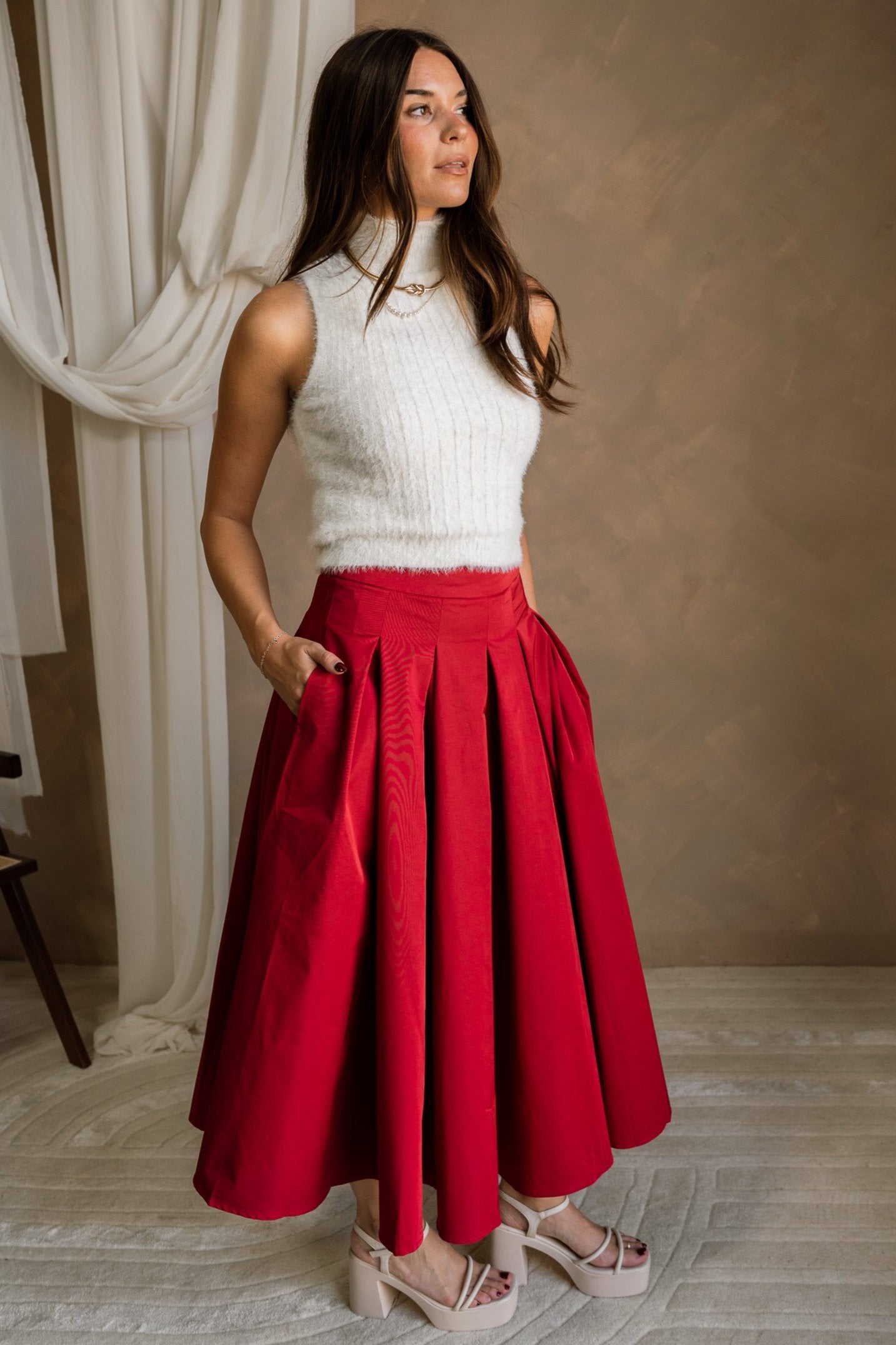 Aurora Crimson Red Midi Skirt- full body frontal side view