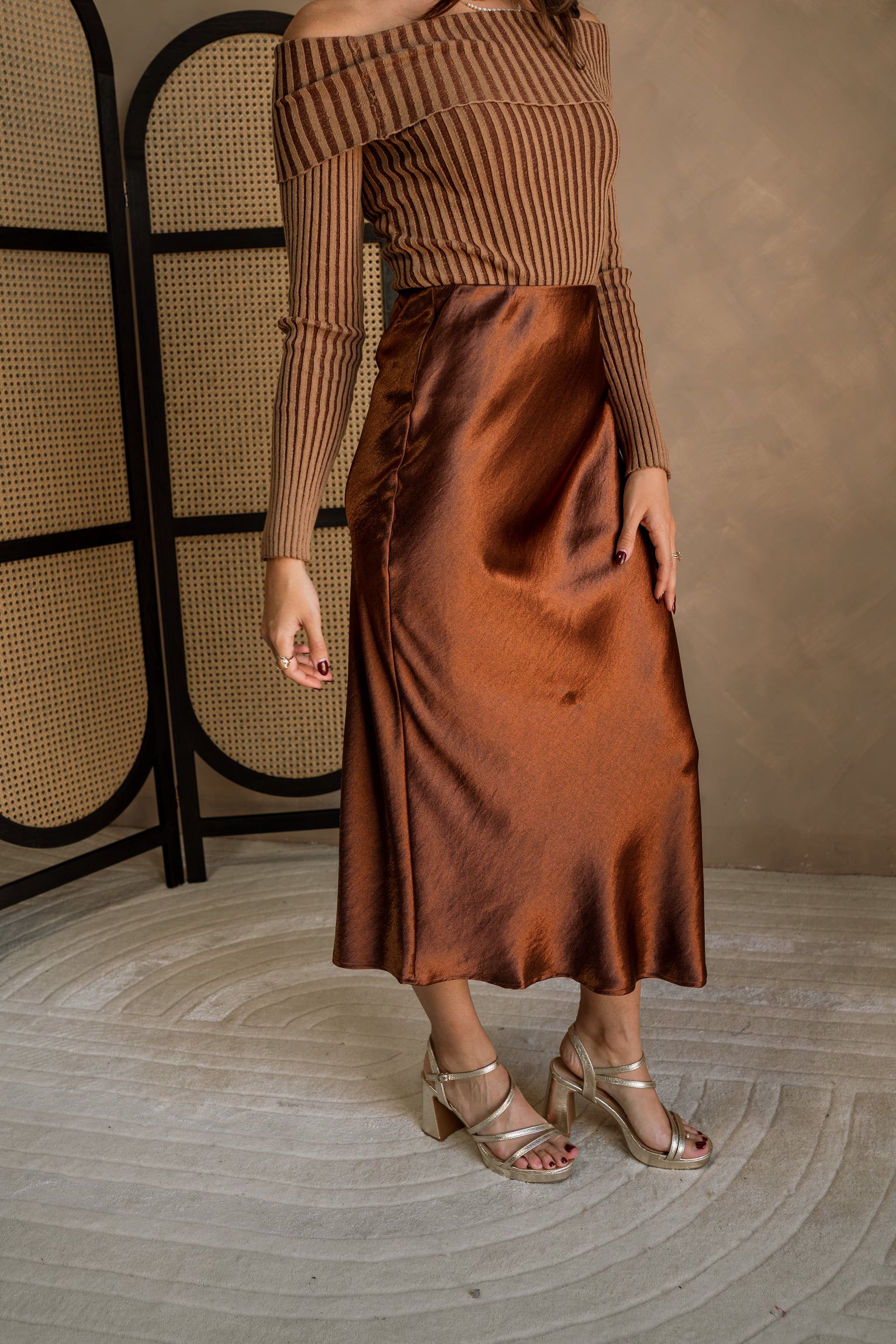 Elyse Chestnut Brown Satin Midi Skirt- frontal side view