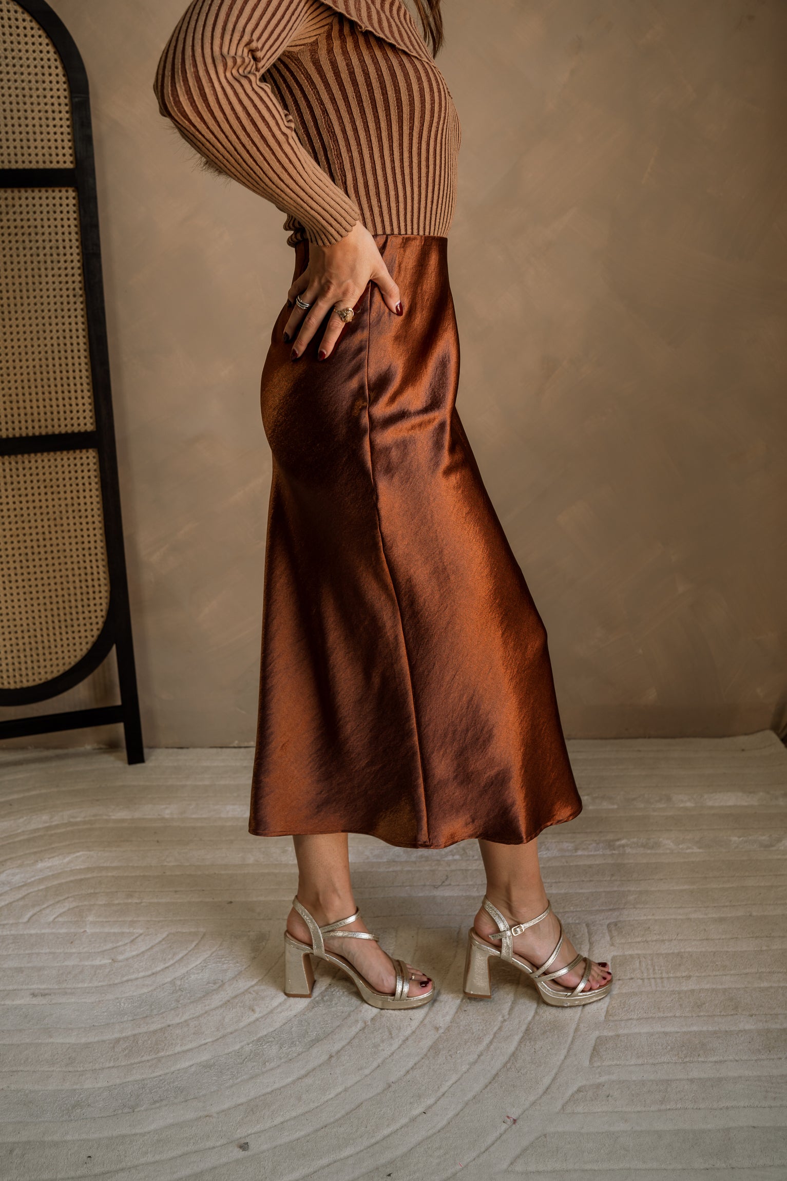 Elyse Chestnut Brown Satin Midi Skirt- side view