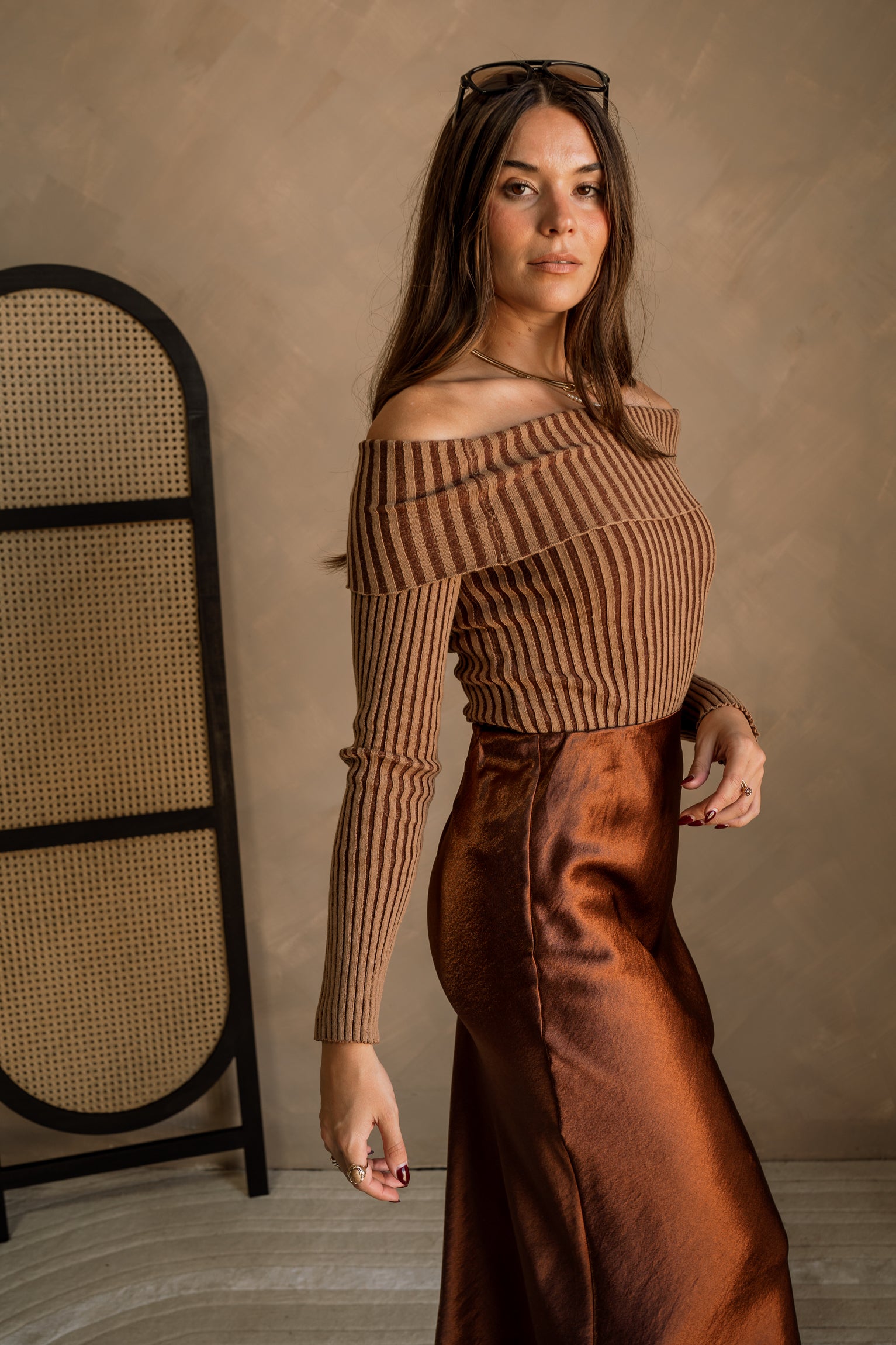 Sasha Ribbed Off-The-Shoulder Top - Brown - upper body side view