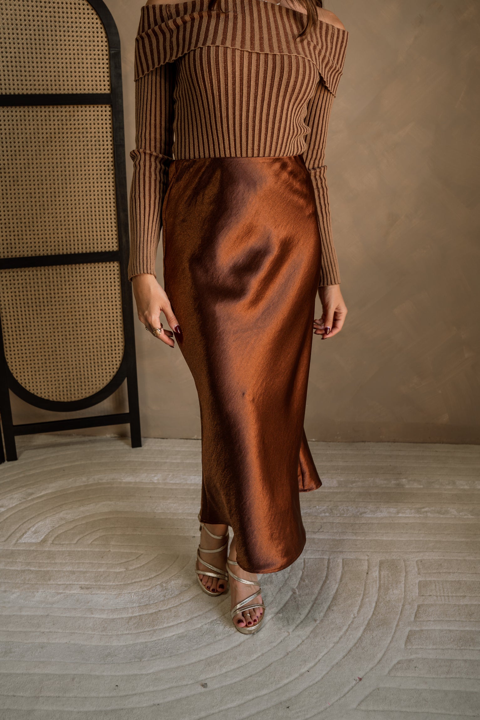 Elyse Chestnut Brown Satin Midi Skirt- front view