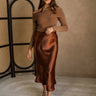 Elyse Chestnut Brown Satin Midi Skirt- full body view