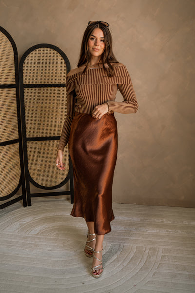 Elyse Chestnut Brown Satin Midi Skirt - Lizard Thicket