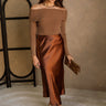 Sasha Ribbed Off-The-Shoulder Top - Brown - Full body front view