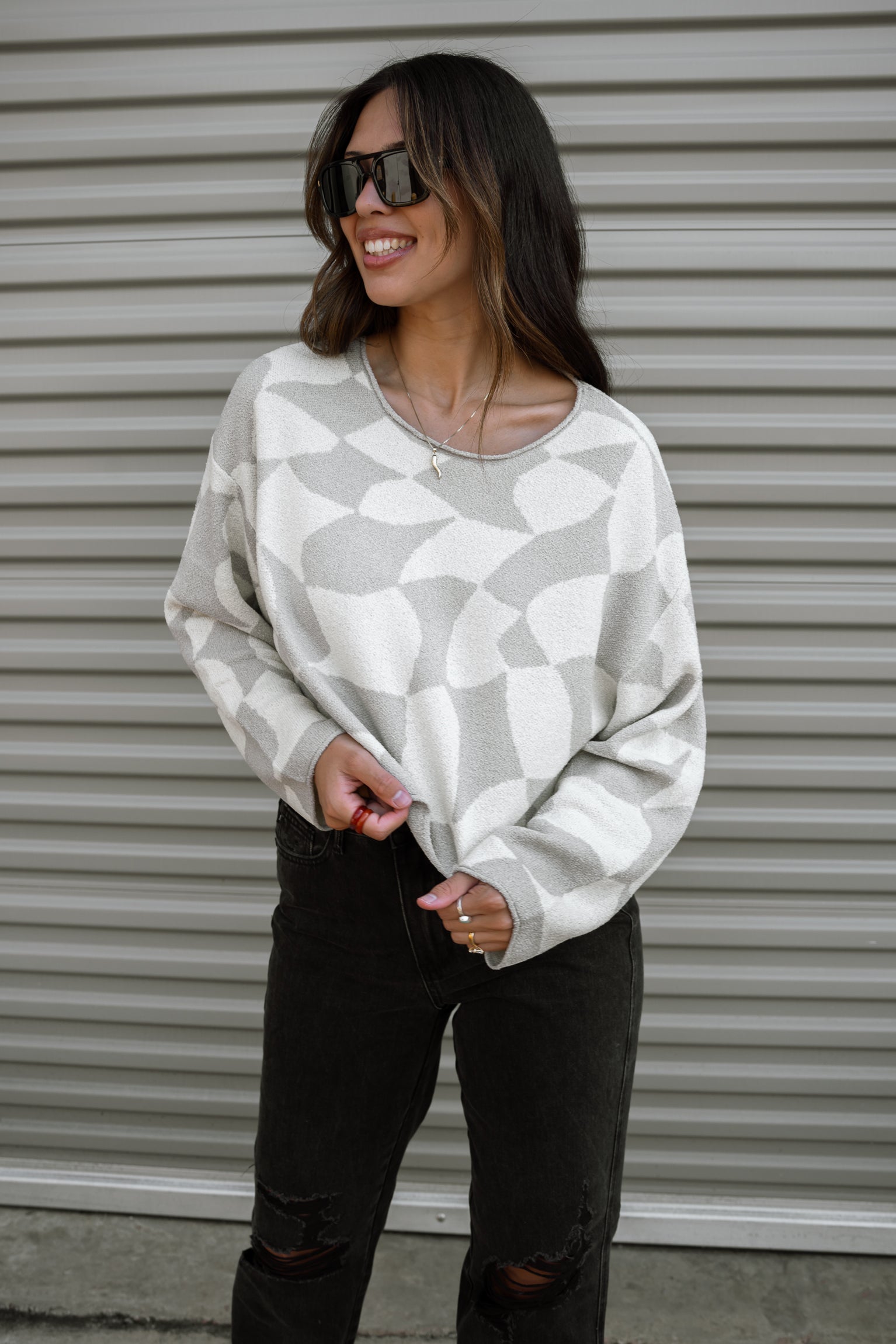 Erica Grey & Cream Geometric Print Sweater - front view