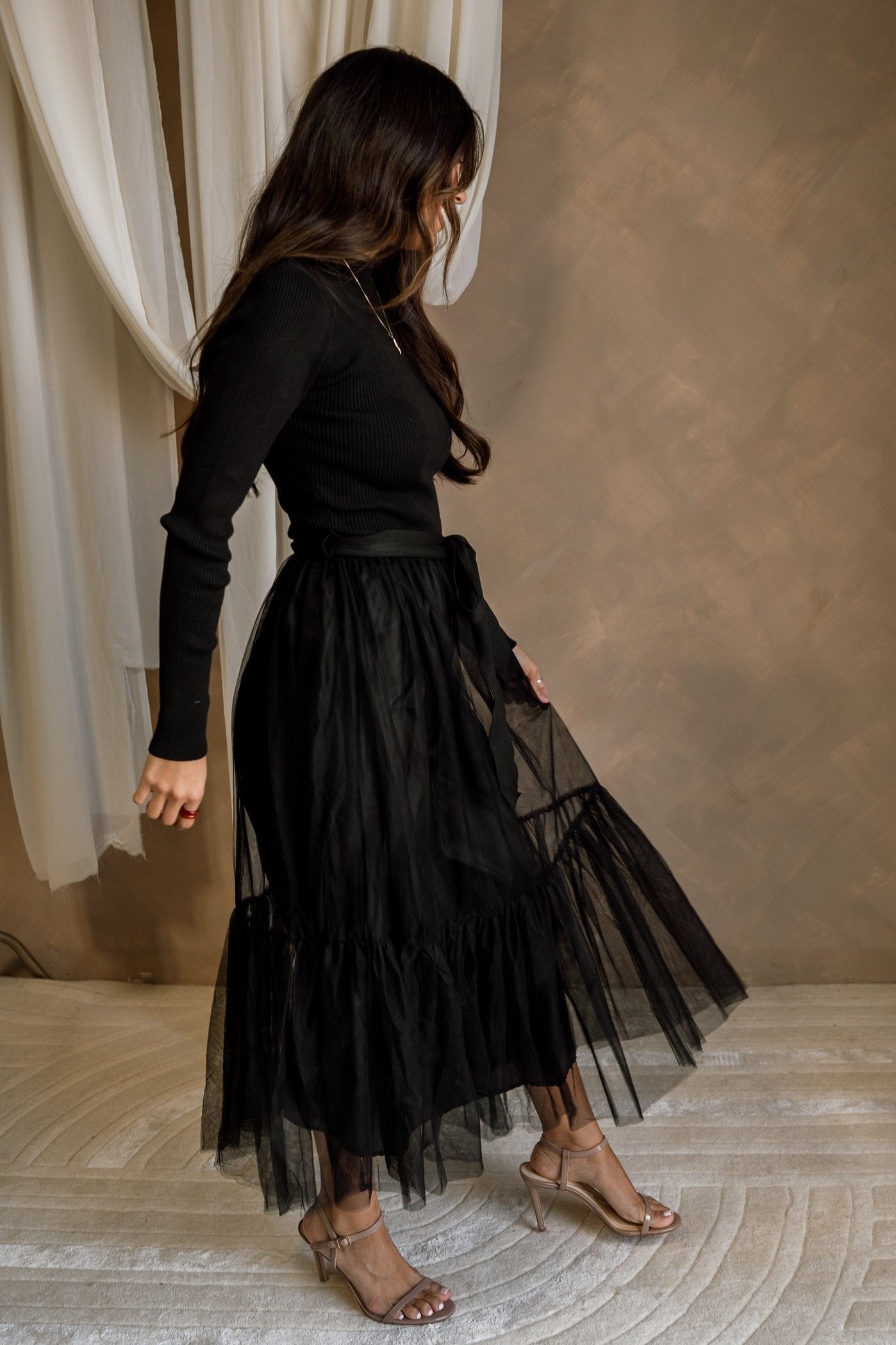 Melina Black Knit & Tulle Midi Dress - full body side view