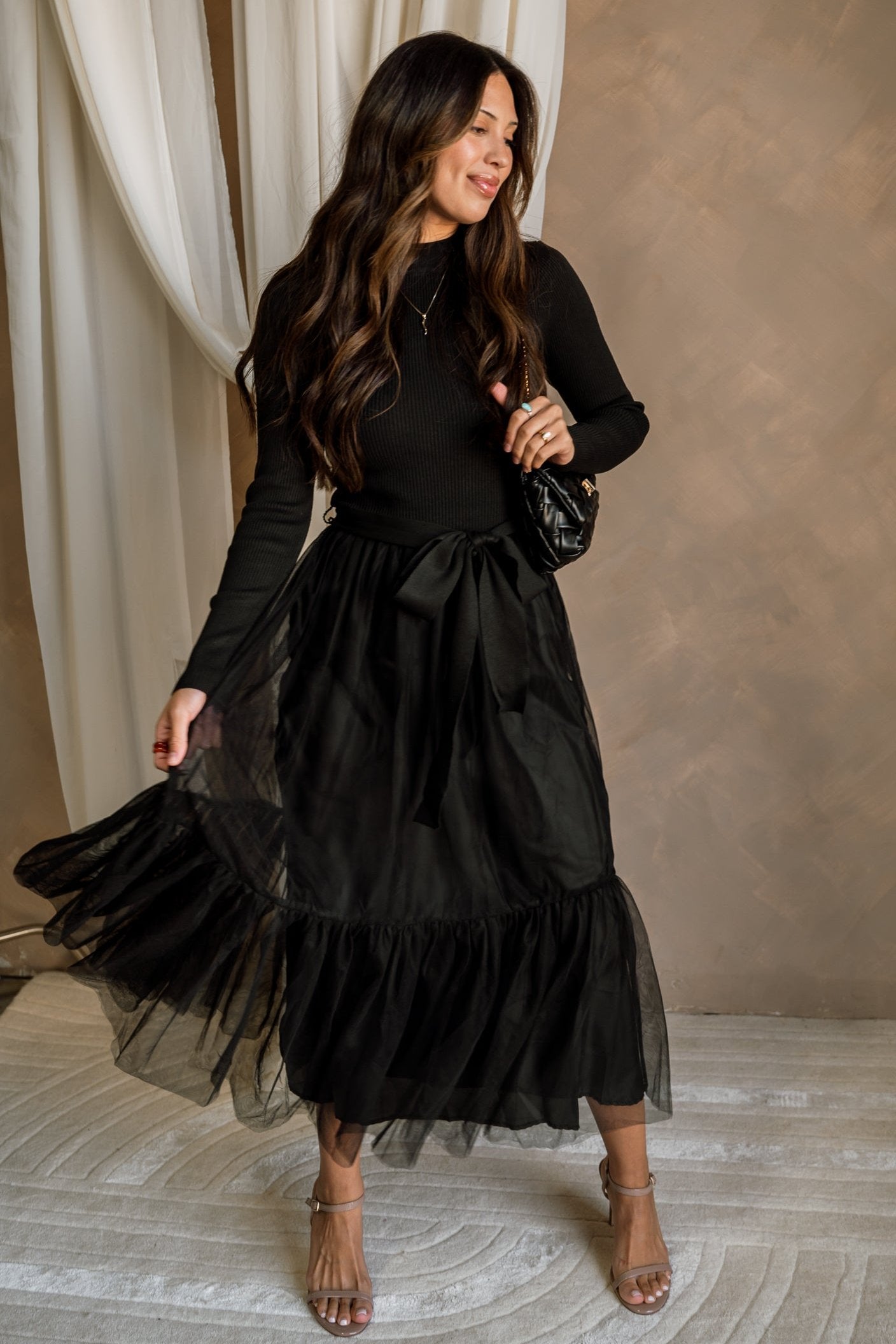 Melina Black Knit & Tulle Midi Dress