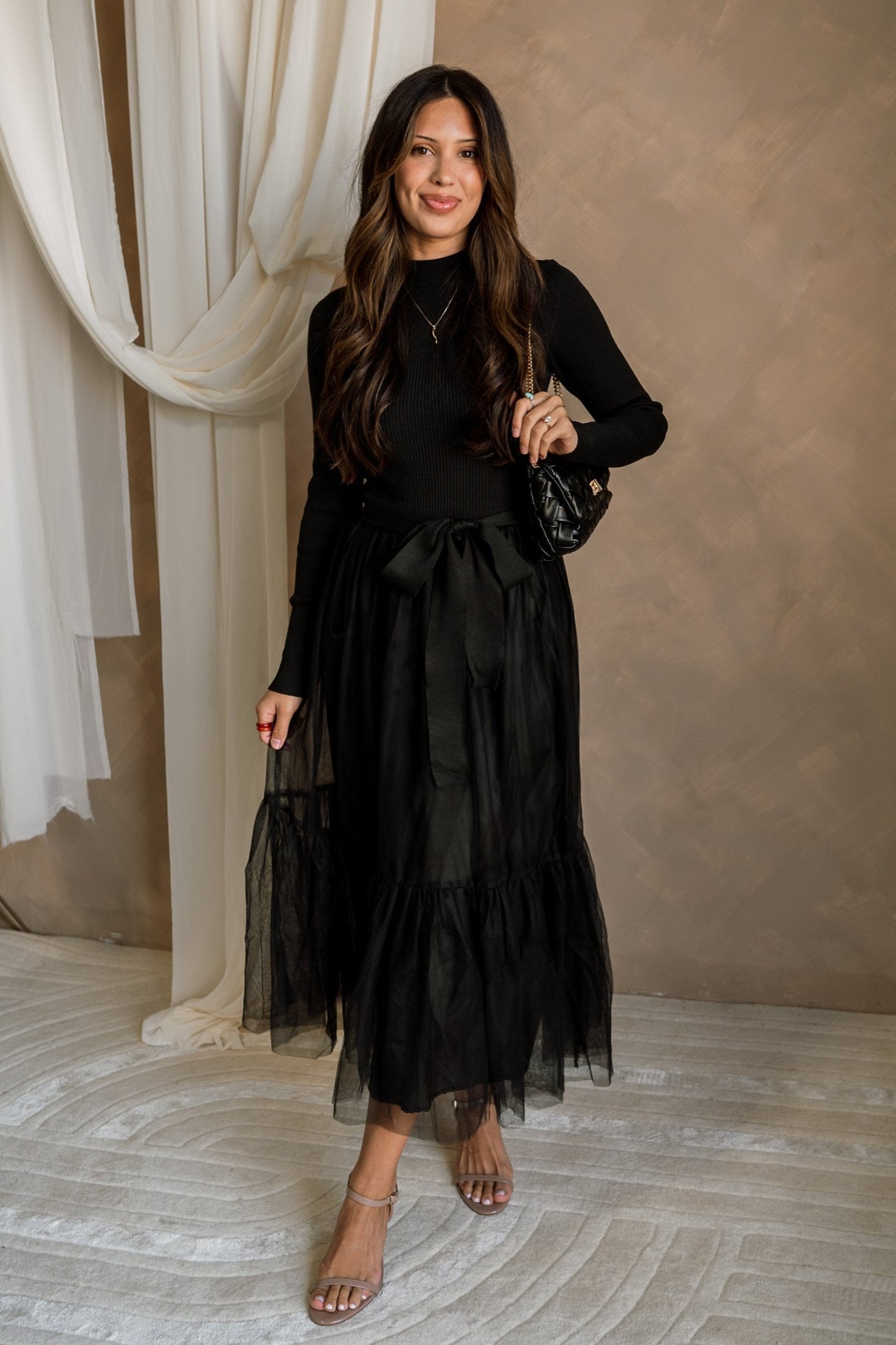 Melina Black Knit & Tulle Midi Dress - full body front view