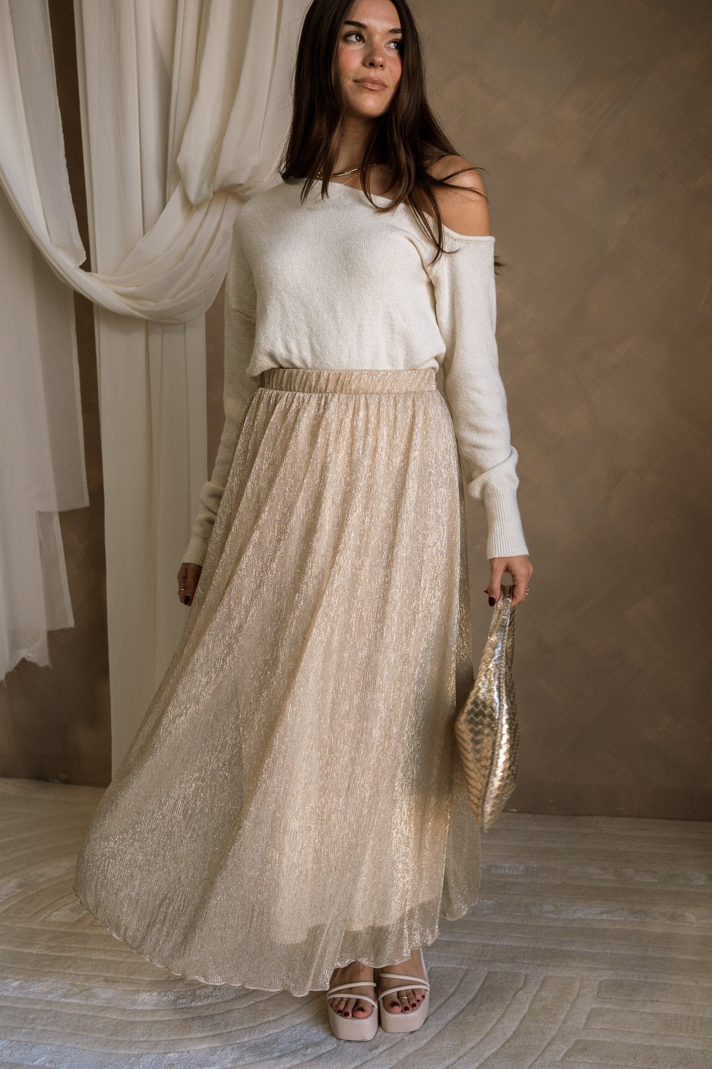 Allison Metallic Gold Maxi Skirt - front view - twirling skirt