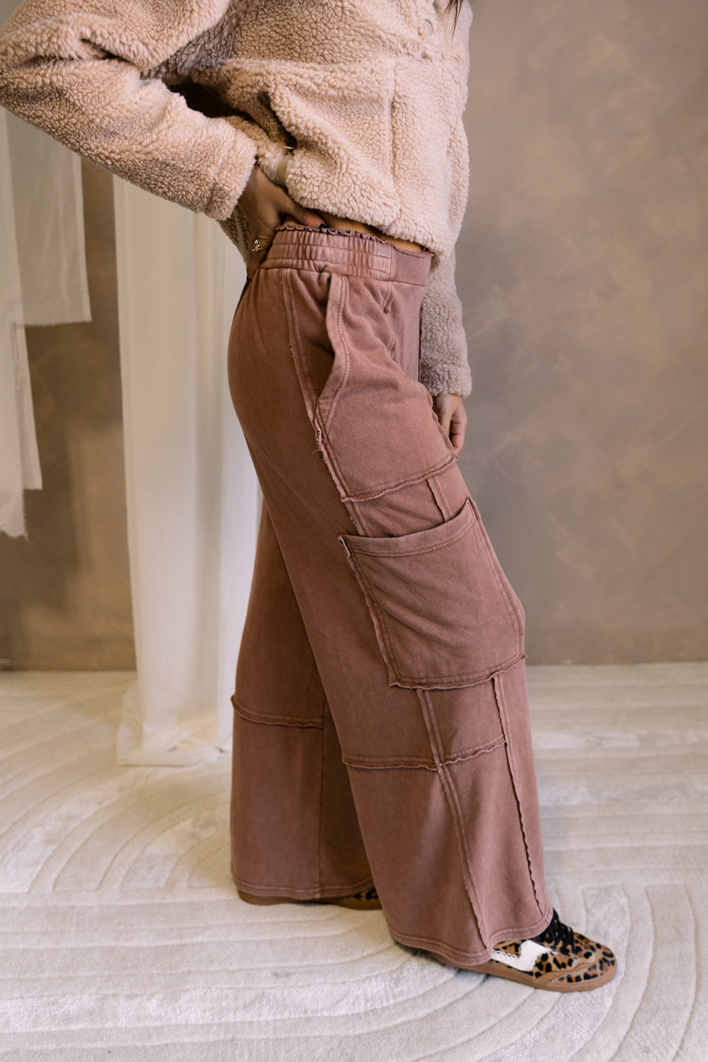 Emma Washed Brown Lounge Cargo Pants-frontal side view