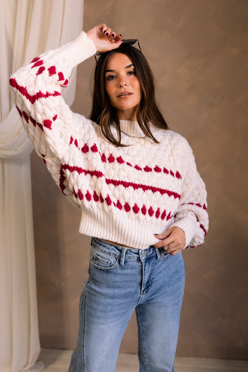 Lottie Cream & Red Stripe Sweater - front view - arm raised